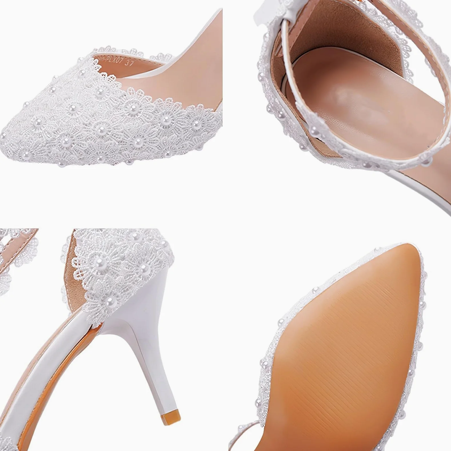 Mujer Encaje Perlas Zapatos Stilettos de Novia | Punta Puntiaguda, con Correa al Tobillo, Elegante & Delicado, para Boda, Baile de Fin de Curso y Cóctele