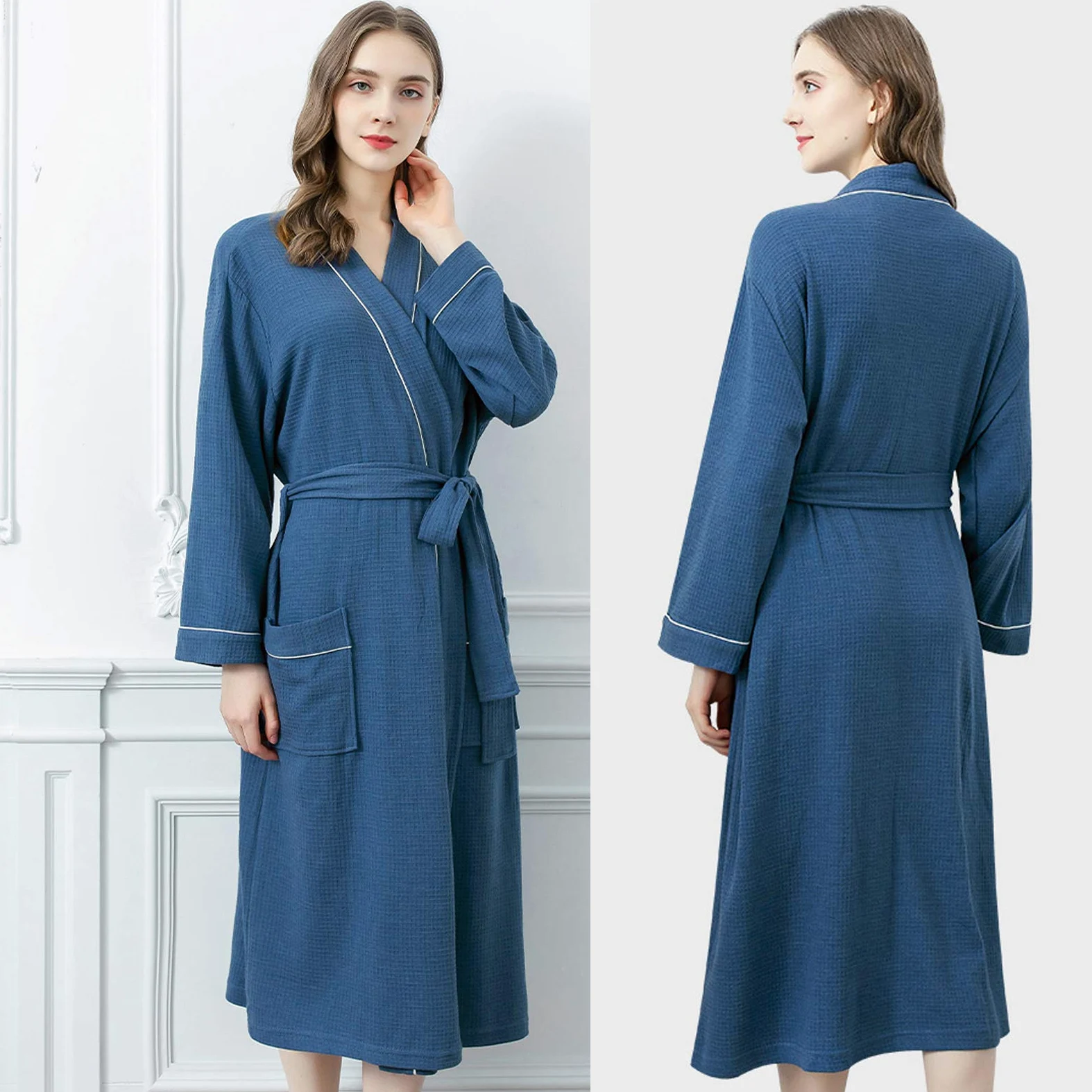 Albornoz de algodón de punto, kimono largo, con bolsillos para hombres y mujeres, spa y piscina de hotel