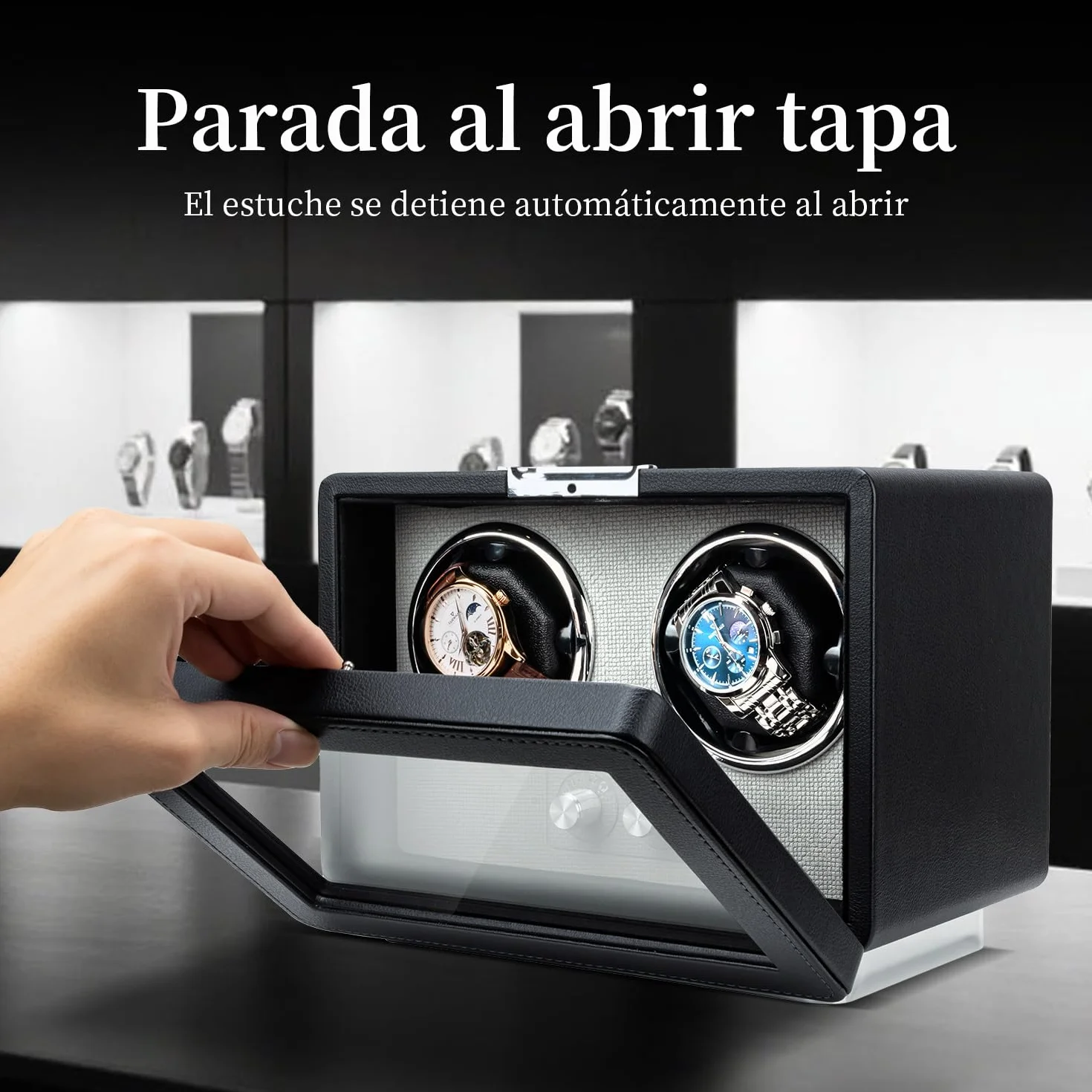 Mcbazel Enrollador de Relojes automáticos, Caja de Doble Reloj con luz LED, Motor silencioso, Negro