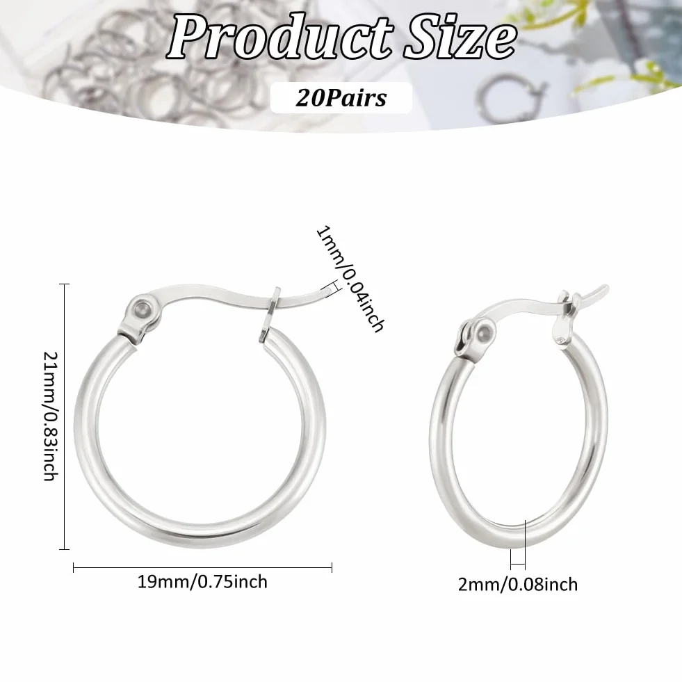 Pendientes de Aro de Acero Inoxidable 19mm Hipoalergénicos 40 Uds