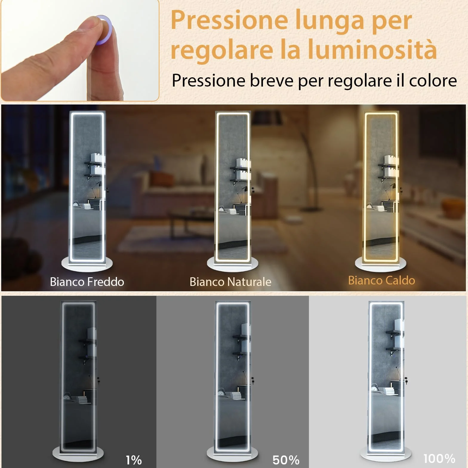RELAX4LIFE Armario Joyero con Base Giratoria 360°y Espejo Cuerpo Entero, Espejo Joyero de Pie con Luces LED Luminosas, Organizador para Joyas y Accesorios (Blanco, 54,5x54,5x160 cm)