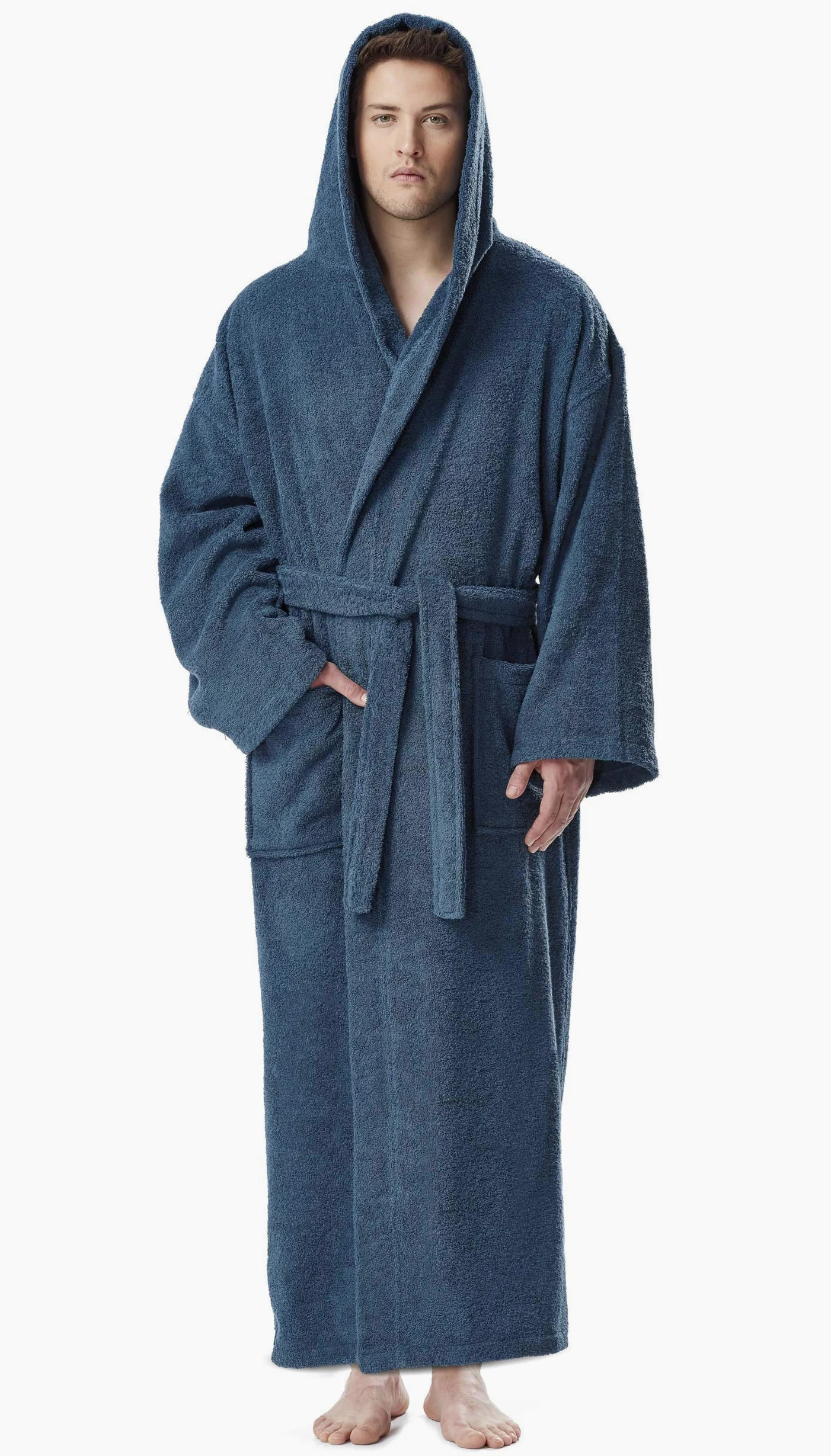 Arus Mclass - Albornoz de baño para hombre, longitud hasta la pantorrilla o largo, hasta el tobillo, con capucha, 100% algodón de rizo
