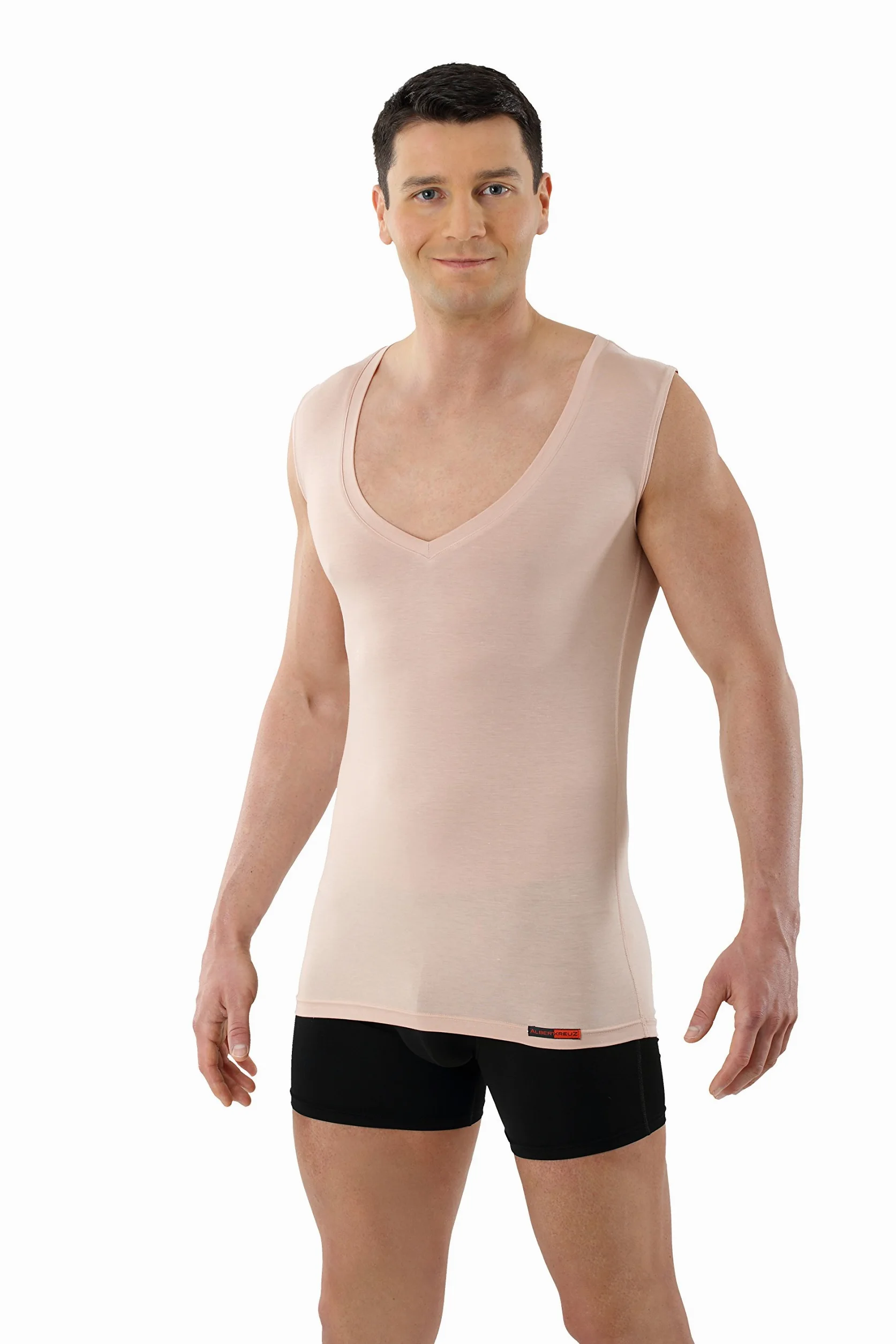 ALBERT KREUZ Camiseta Interior Invisible Color Carne para Hombre con Cuello de Pico Extra-Profundo, sin mangay y de Micromodal elálstico Muy Suave y Ligero