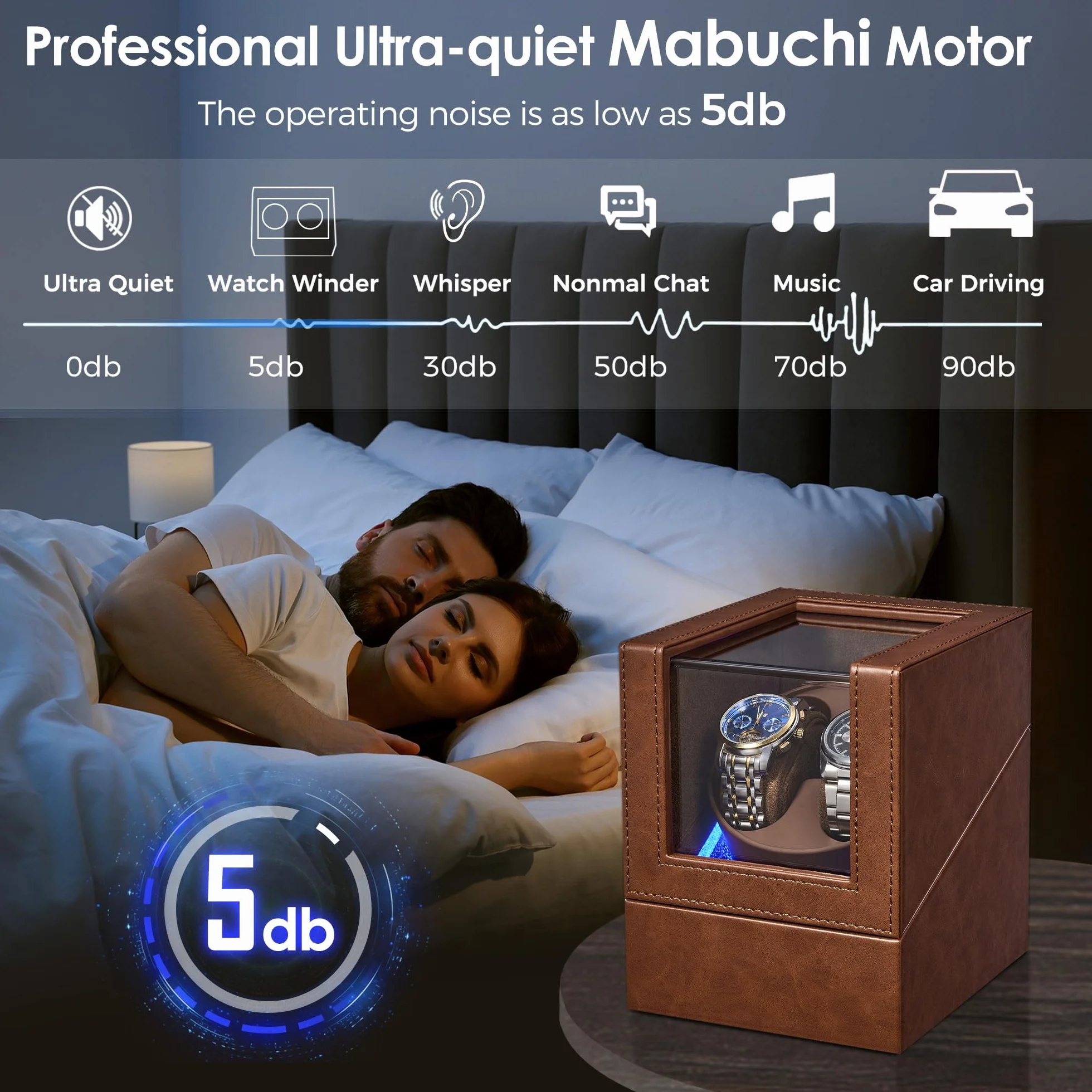 BEWISHOME SYQ02Z Bobinador de reloj automático doble con luz LED, 4 modos, motor silencioso japonés
