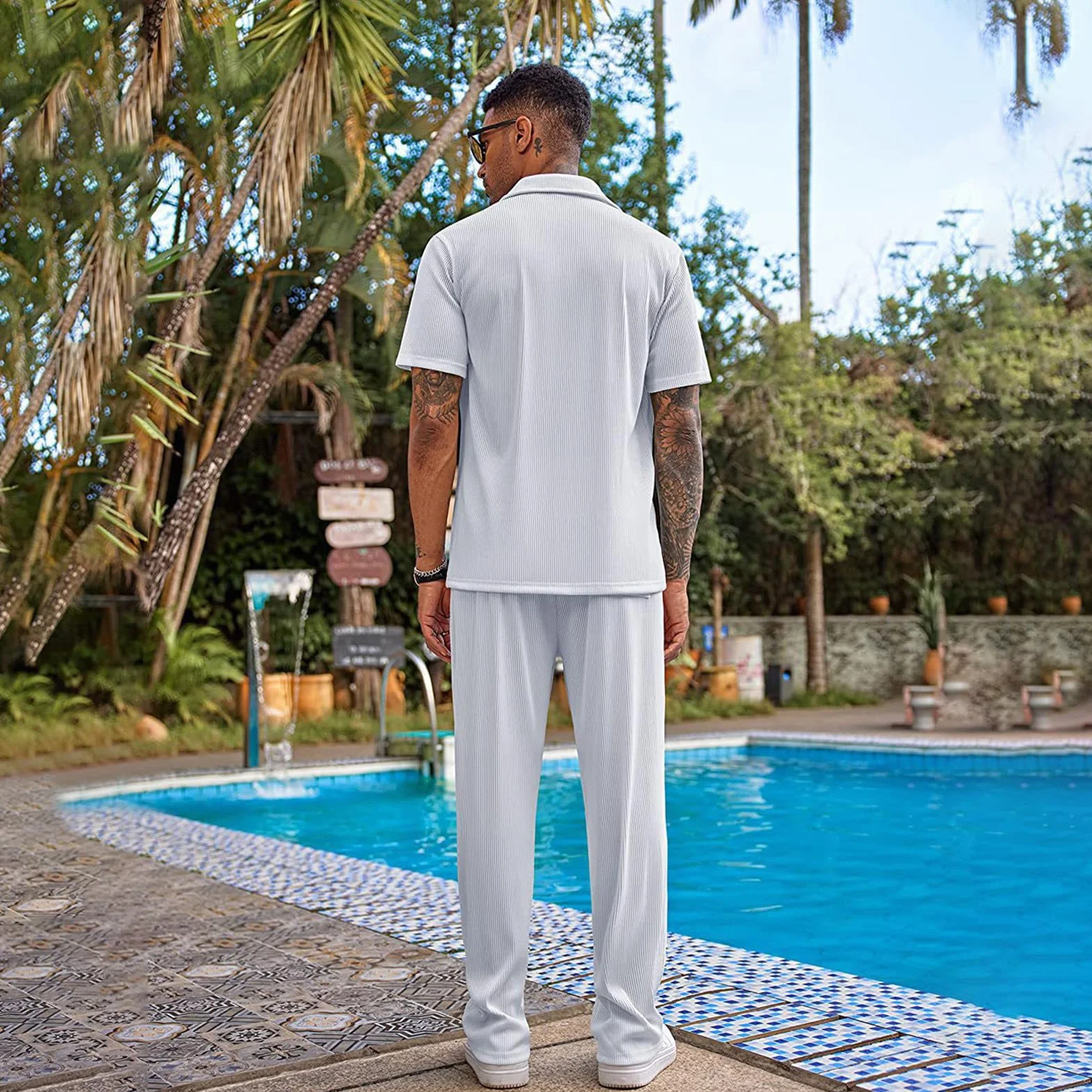 Hombre 2 Piezas Trajes Casuales Manga Corta Camisa Abotonada & Drawstring Pantalón Suave Verano Traje
