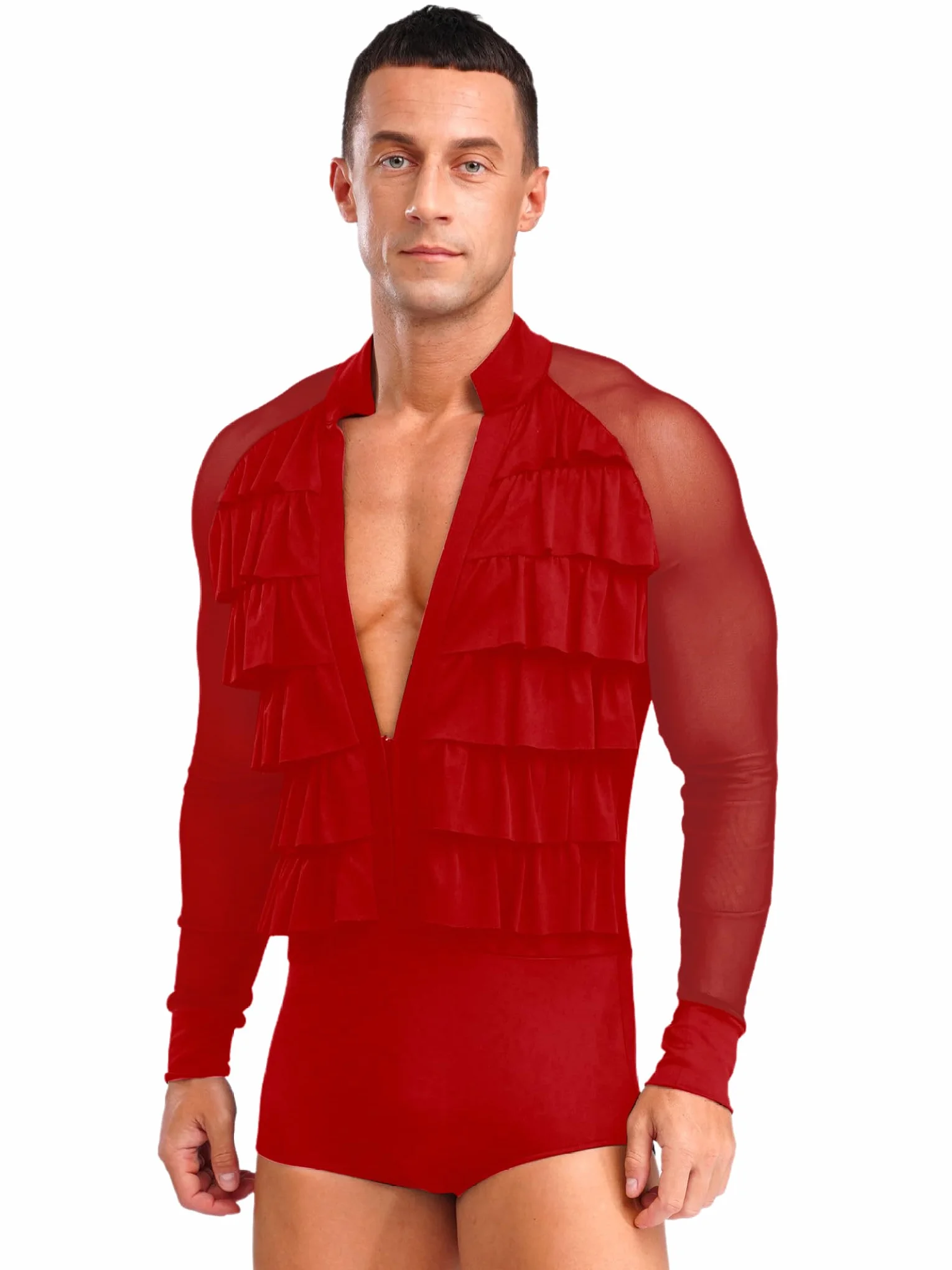 Camisa de baile latino manga larga volantes malla body jazz leotardo