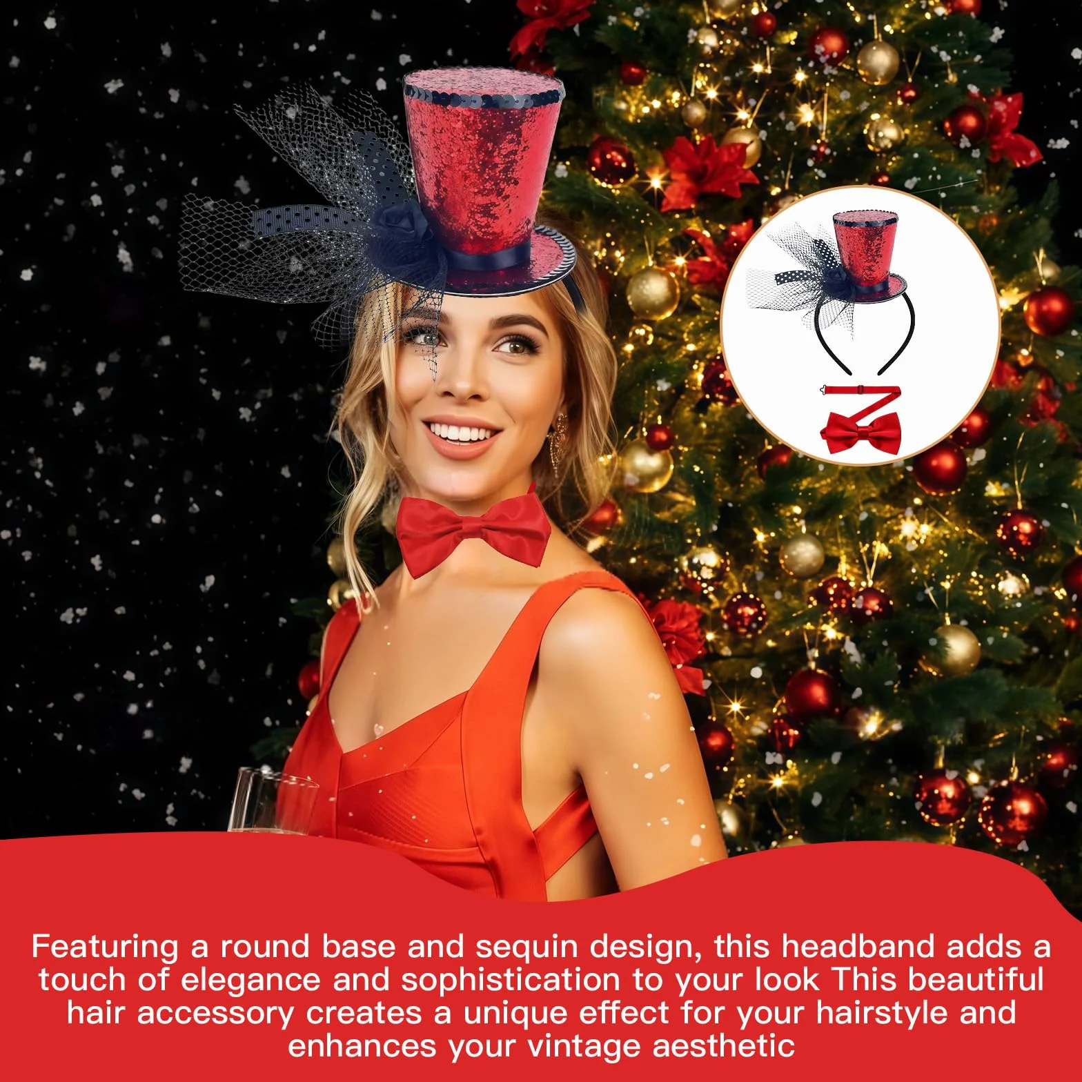 Mini sombrero de fiesta con banda para el cabello, adorno brillante de 19x8 cm, ideal para disfraces de Halloween, bodas y eventos retro, accesorio elegante para mujeres