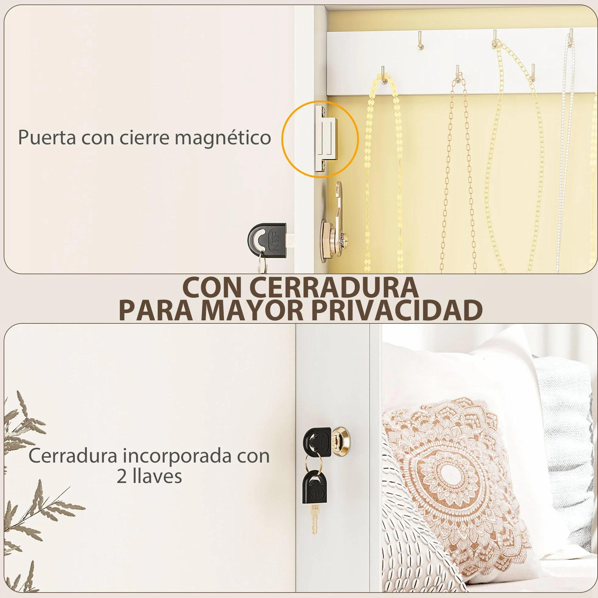 HOMCOM Espejo Joyero de Pared Armario para Joyas con Cerradura y Varios Compartimentos Montar en Pared o Puerta para Pendiente Collar Anillo Pulsera Blanco y Forro Crema