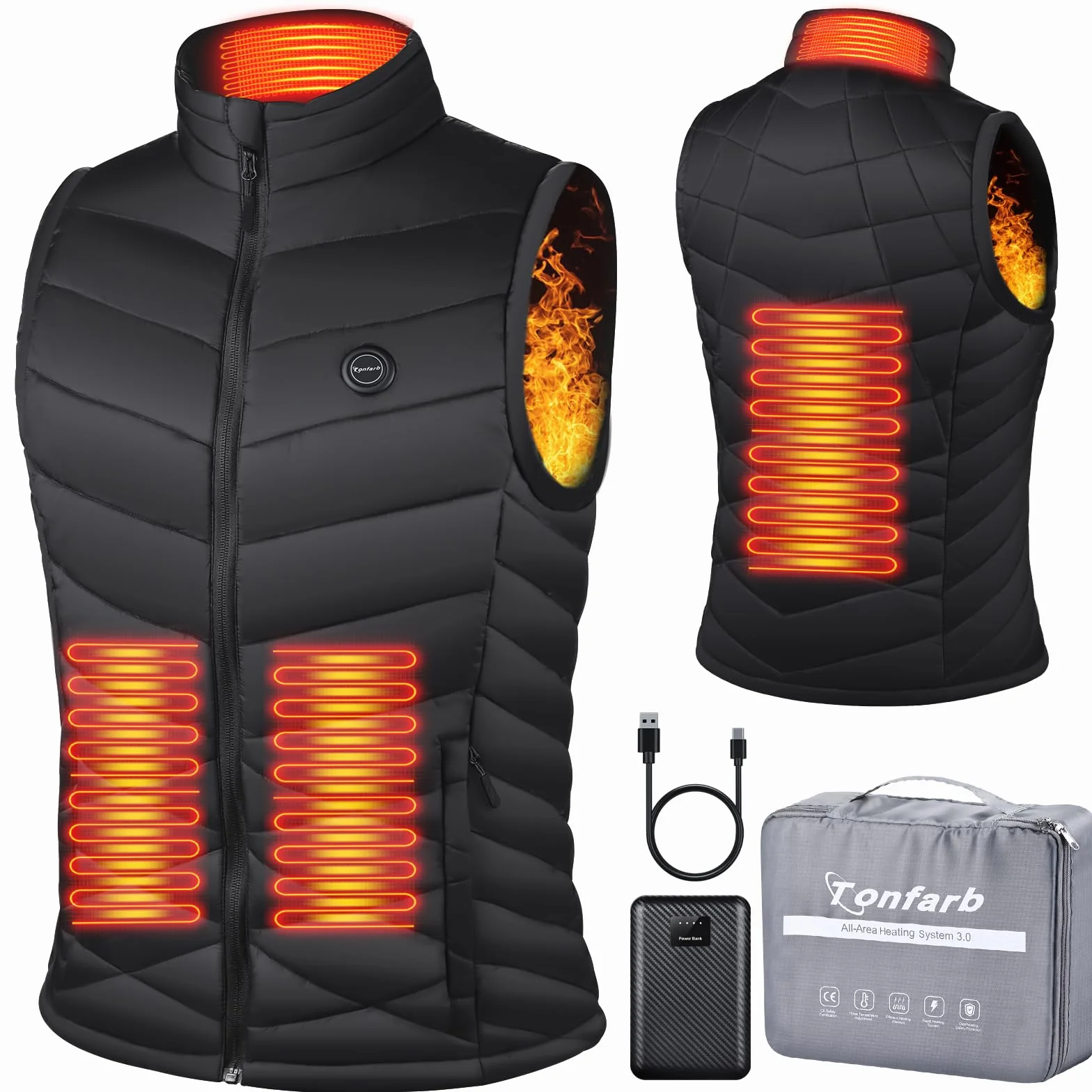 Chaqueta Calefactable Mujer con Bateria Recargable 7.4V 10000mAh, 4 Zonas de Calentamiento Impermeable