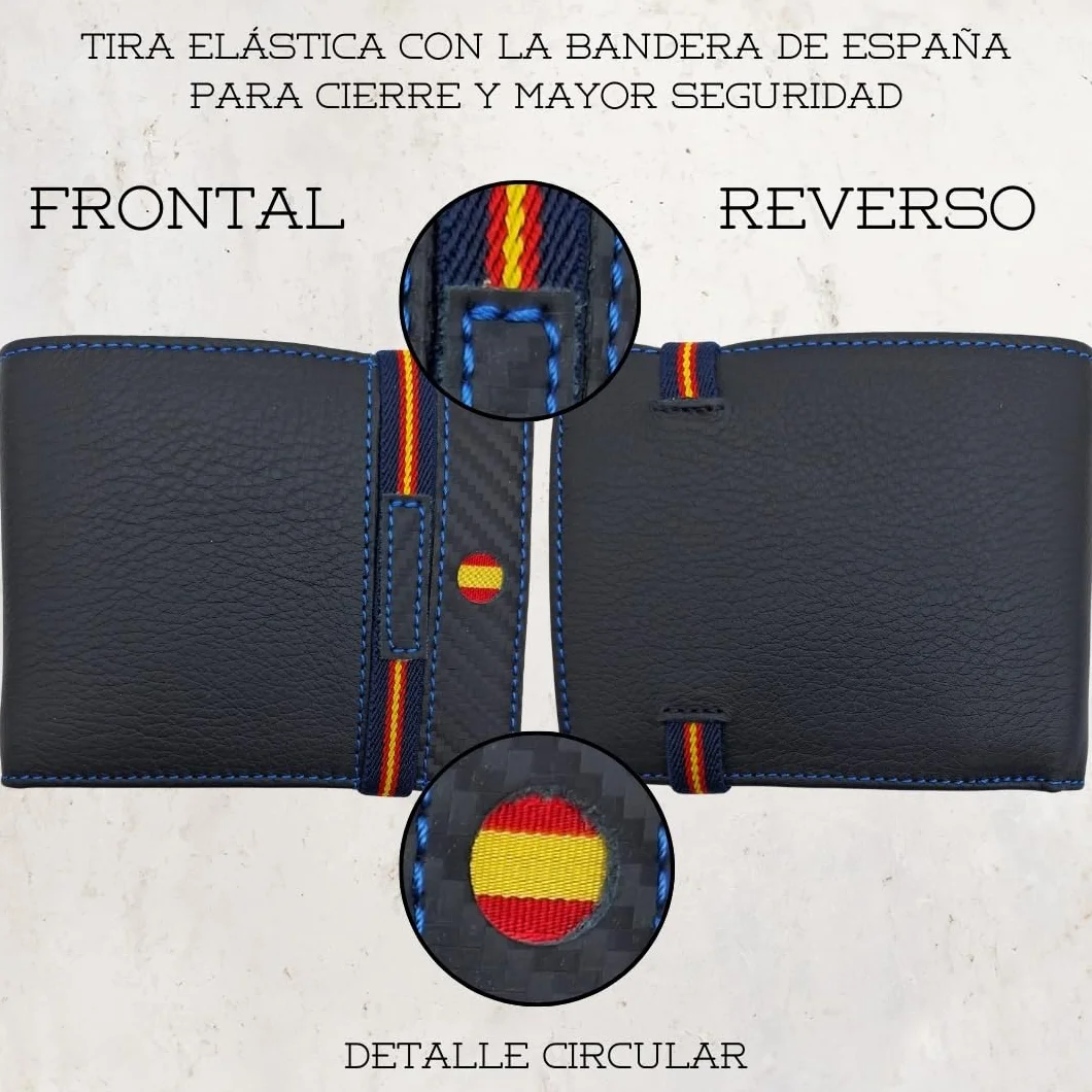Cartera de Piel para Hombre Hecha artesanalmente en Ubrique Hombres y jóvenes, Incluye Llavero y Pulsera de temática española. (76 Negro Tira Grabado Hilo Azul)