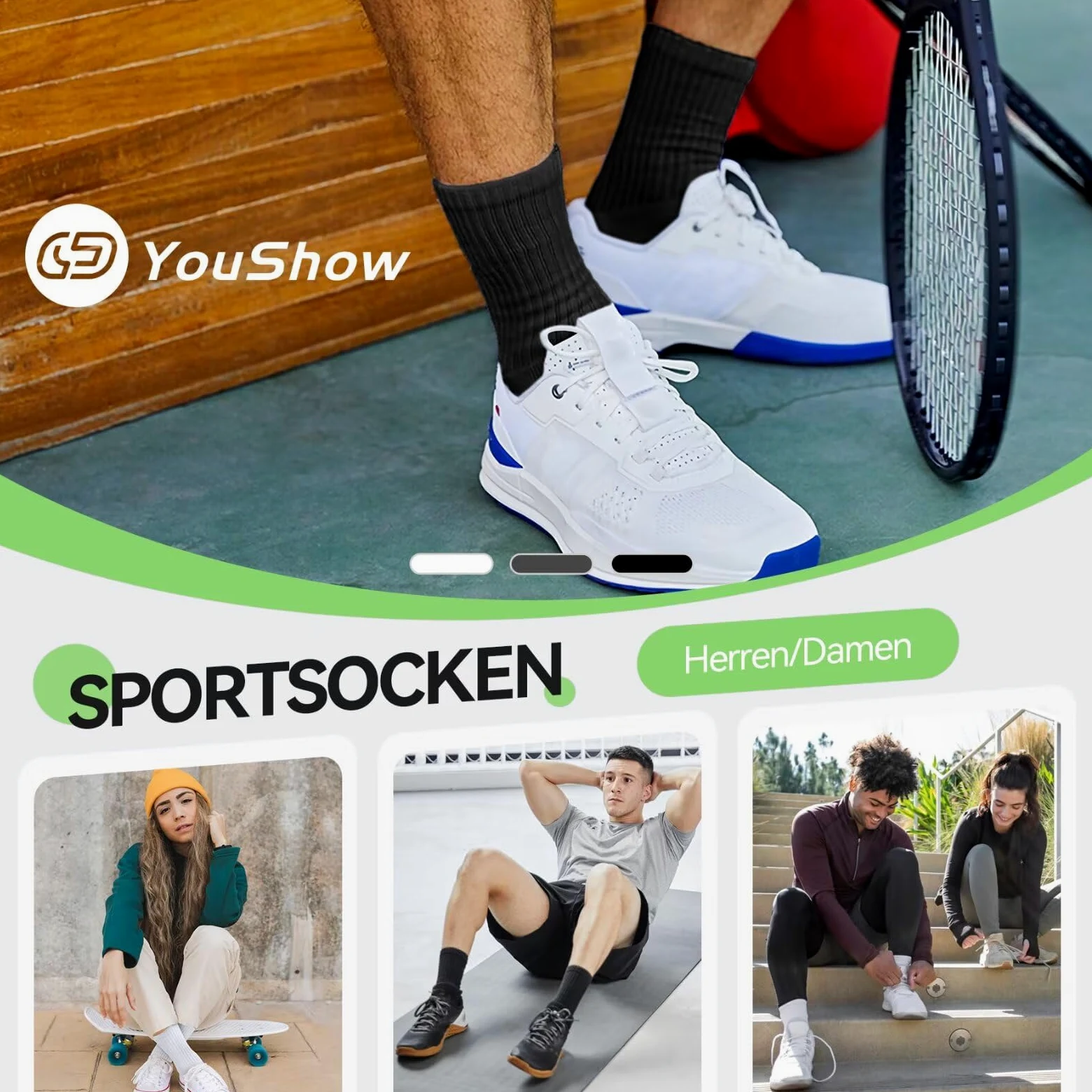 YouShow 6 pares de calcetines de tenis para hombre y mujer, calcetines deportivos, calcetines de senderismo, calcetines acolchados, transpirables y suaves