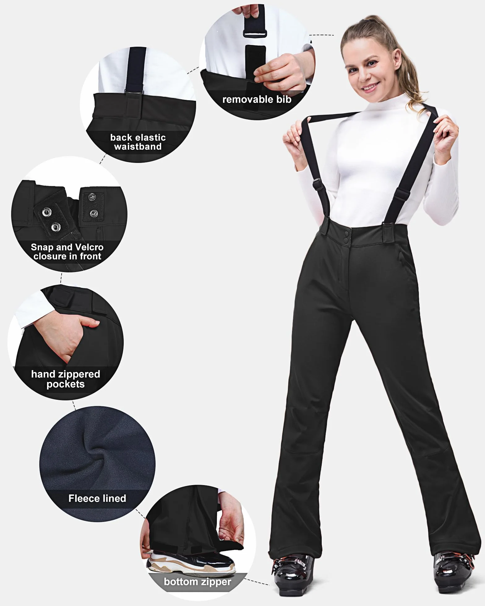 33,000ft Pantalones de esquí para mujer, pantalones con tirantes, impermeables, resistentes al viento, de softshell, cálidos, forrados, para nieve, snowboard, esquí o senderismo, Negro , L
