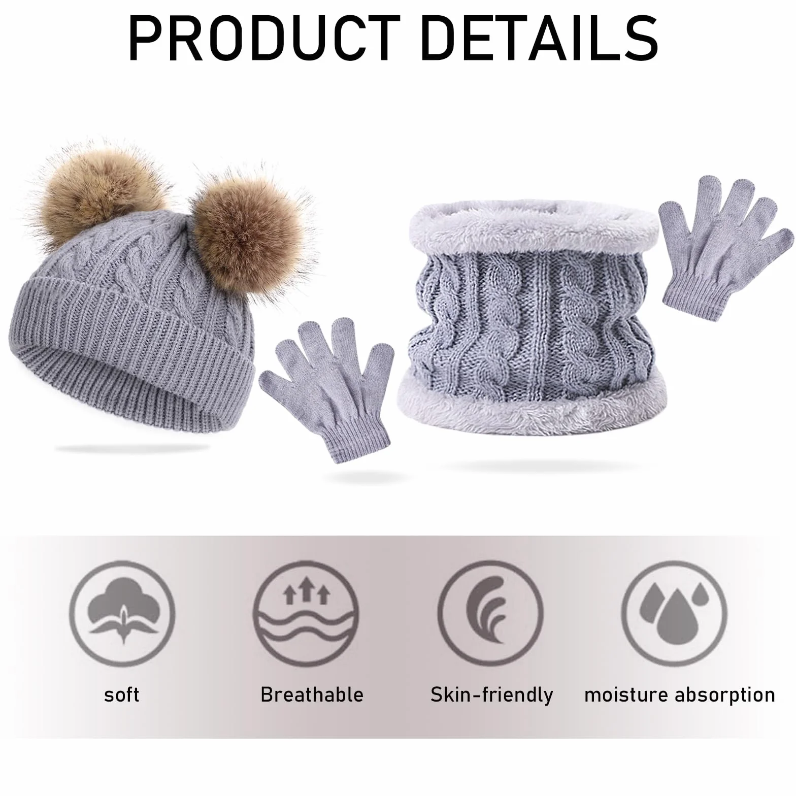 JSTHHTT 3 in 1 Conjunto de Gorro Bufanda y Guantes Niños, Térmico Pompón Beanie Gorro, Sombrero de Punto Invierno Cálido con Pompon, para Niños Niñas 2-4 Años