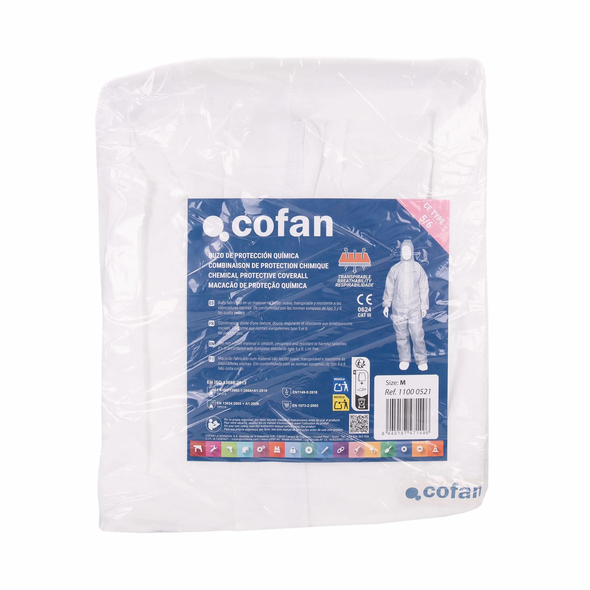 Cofan Buzo de Protección Desechable con Capucha Tipo 5/6 Cat III, Antiestático, Mono de Seguridad para Químicos, Pintura y Construcción, Tallas Desde la M a XXL