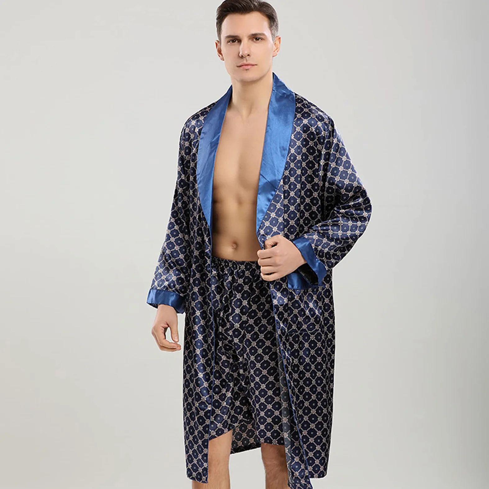 Traje de Dos Piezas de camisón de Seda de Manga Larga para Hombre de Primavera y Verano
