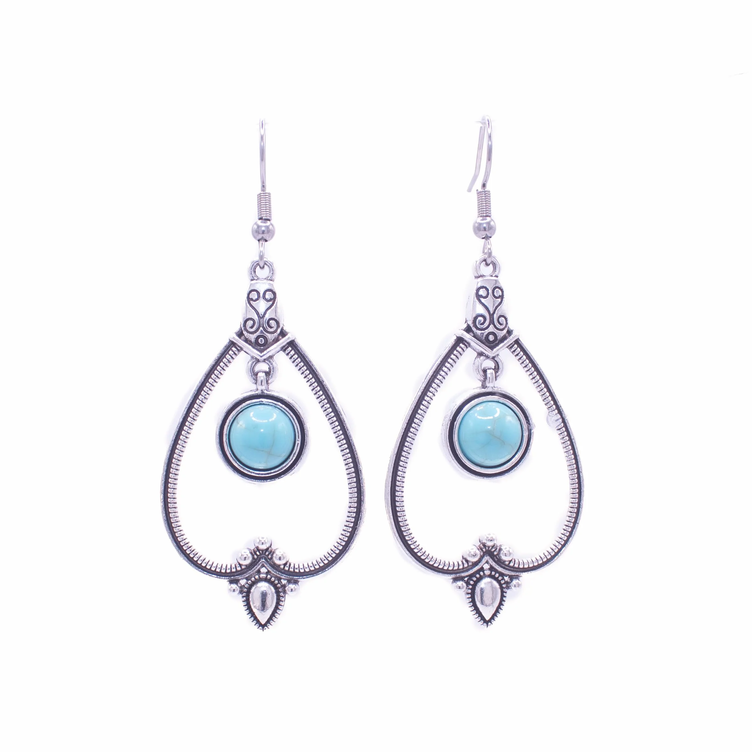 Pendientes Mujer Bohemios con Piedra Turquesa Colgante Estilo Vintage Largos Forma de Gota Plata Tibetana