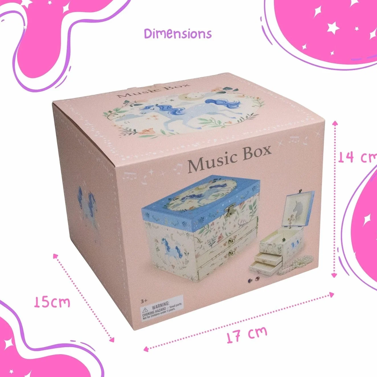 GICO Joyero con diseño de unicornio de dos cajones para niñas, joyero con caja de música, figura giratoria y espejo, regalo de cumpleaños para niñas - 92065