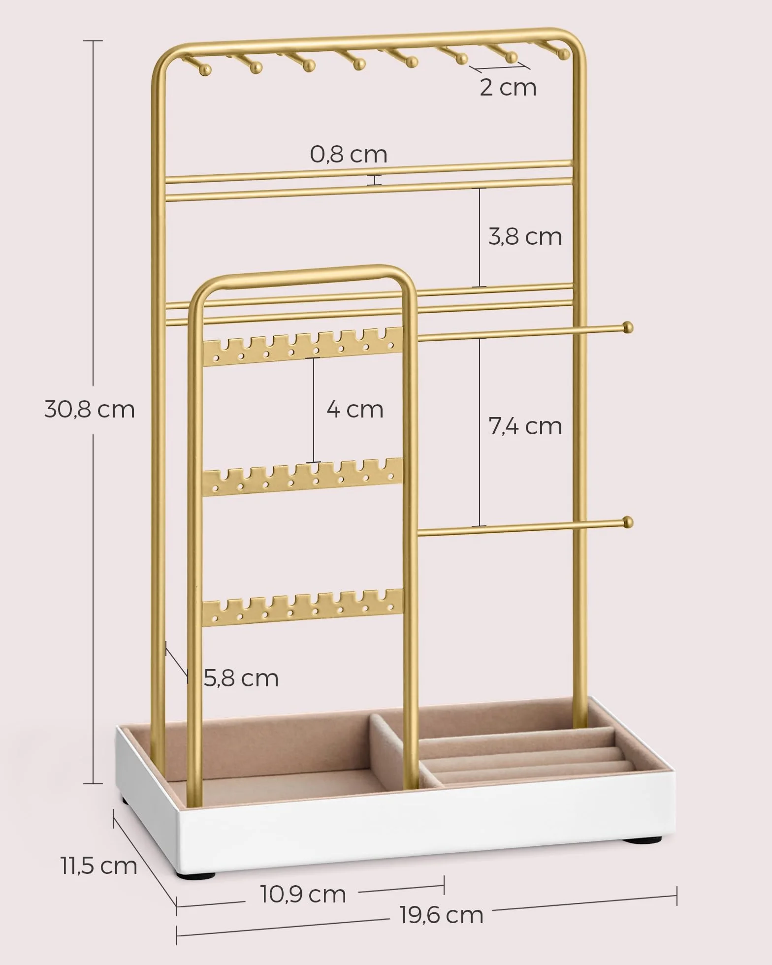SONGMICS Soporte para Joyas, Organizador de Joyas, Marco de Metal Bandeja de Terciopelo Dorado