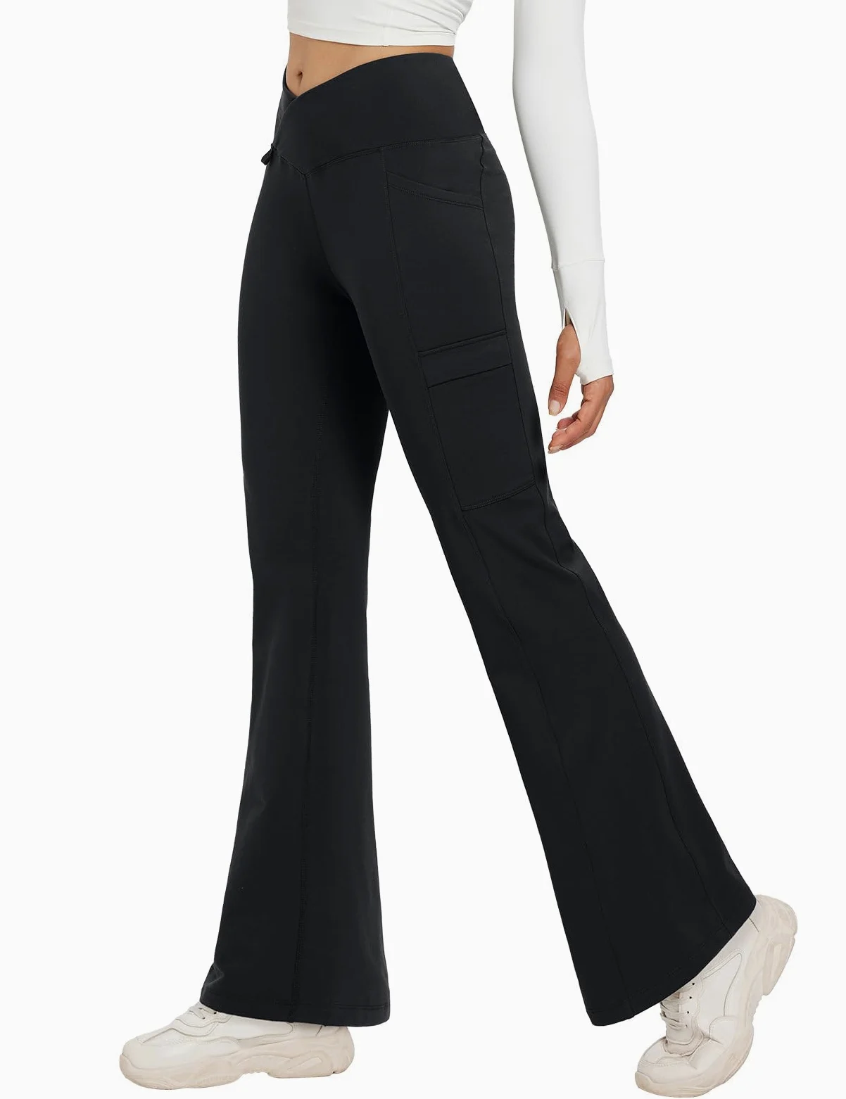 BALEAF Pantalones de invierno con forro polar para mujer, térmicos, cálidos, acampanados, pantalones de yoga cruzados, parte inferior acampanada con bolsillos | Cintura cruzada en V, 2 bolsillos laterales, forro polar suave, no transparente, adecuado para