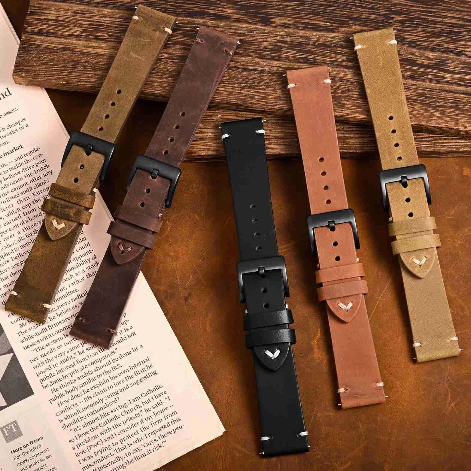 BISONSTRAP Correa de Reloj de Cuero Antiguo, Correas de Repuesto para Hombres, Liberación Rápida, Ancho de Correa 18mm 20mm 22mm