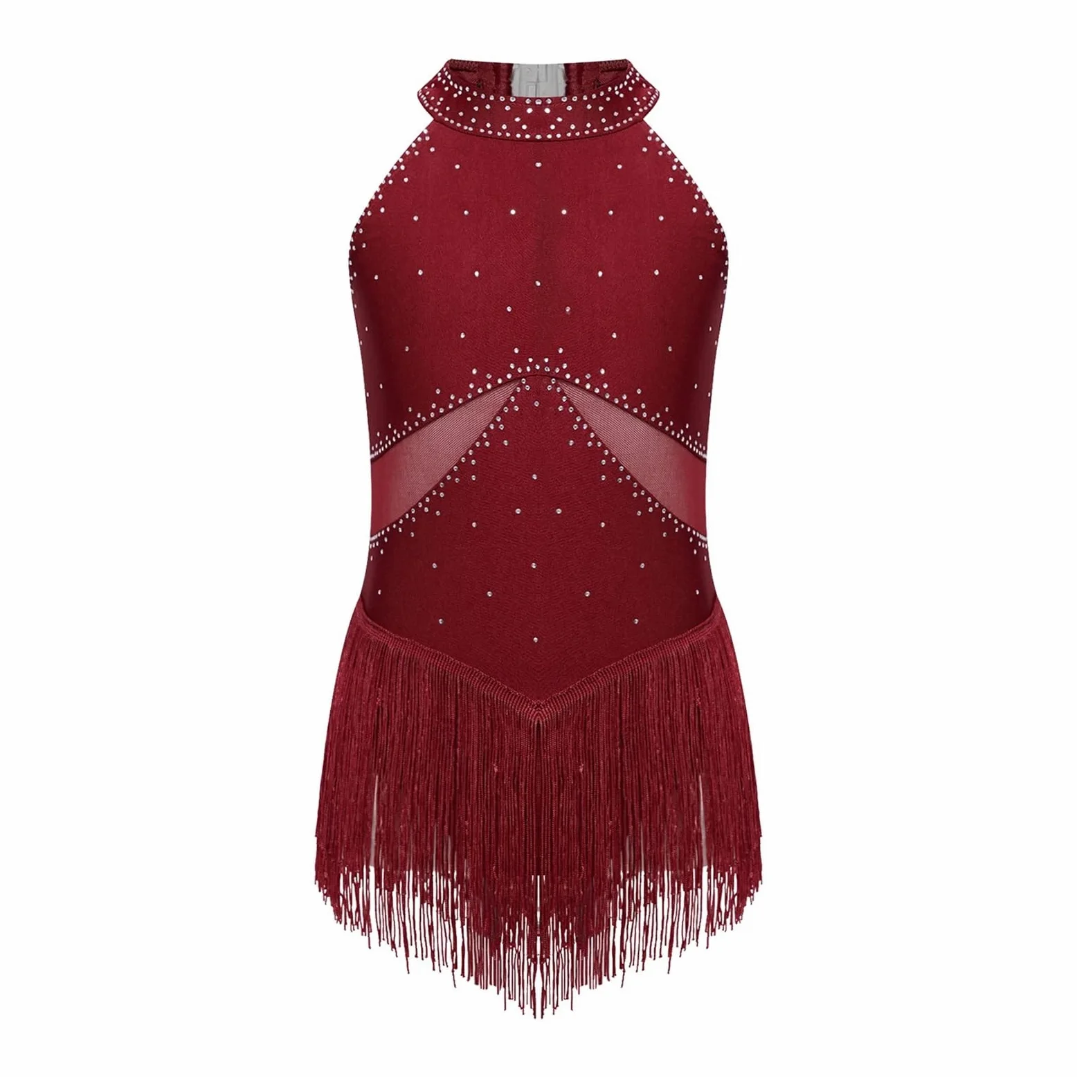 Maillot Patinaje artistico Leotardo con Flecos y Diamantes de imitación for niñas, Vestido de Patinaje artístico, Mono con borlas for Gimnasia, Cha-Cha, Tango, Baile Latino(Burgundy,16)