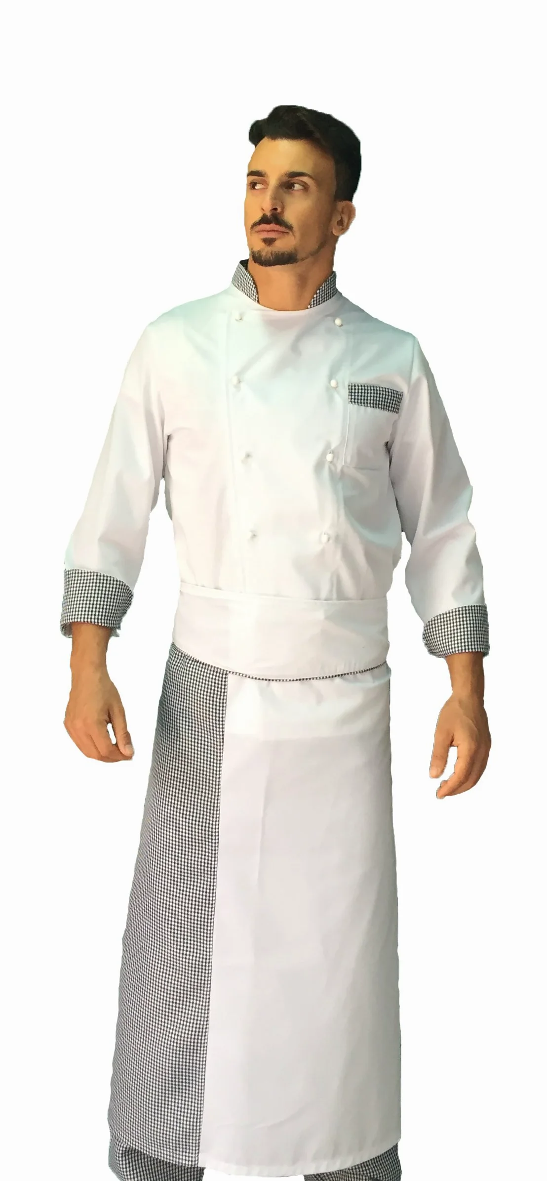 Bordado gratuito – Conjunto de cocinero para hombre – Blanco y Pied de Poule – Uniforme Chef – Chaqueta, pantalones y delantal – 100% algodón – Uniforme para cocina y restaurante,