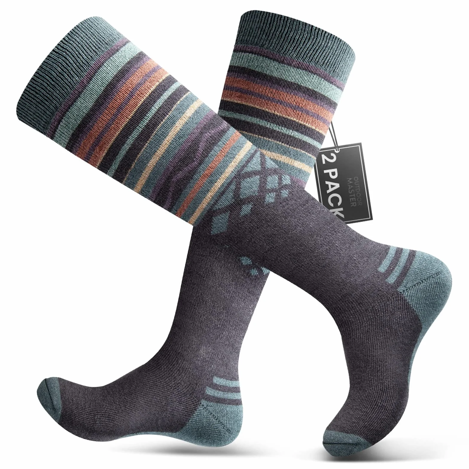 OutdoorMaster Calcetines de Esquí de Lana Merino Unisex para Hombre & Mujer, Calcetines Transpirables de Invierno para Snowboard y Deportes al Aire Libre con Diseño OTC/puño Antideslizante