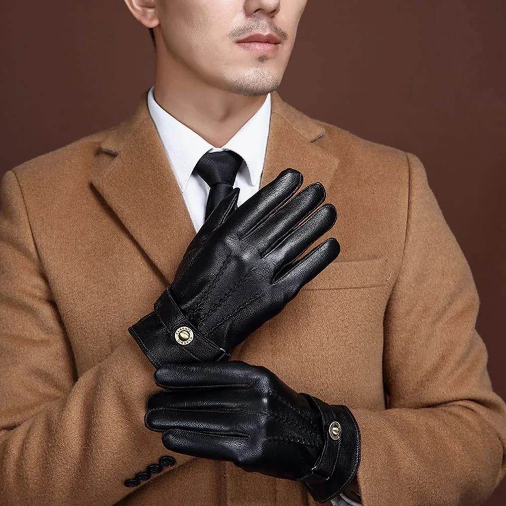 RWRAPS Guantes de cuero para hombre a prueba de frío para motocicleta, al aire libre, otoño, a prueba de viento, pantalla táctil, guantes gruesos y cálidos (color negro, tamaño: L código 23 cm)