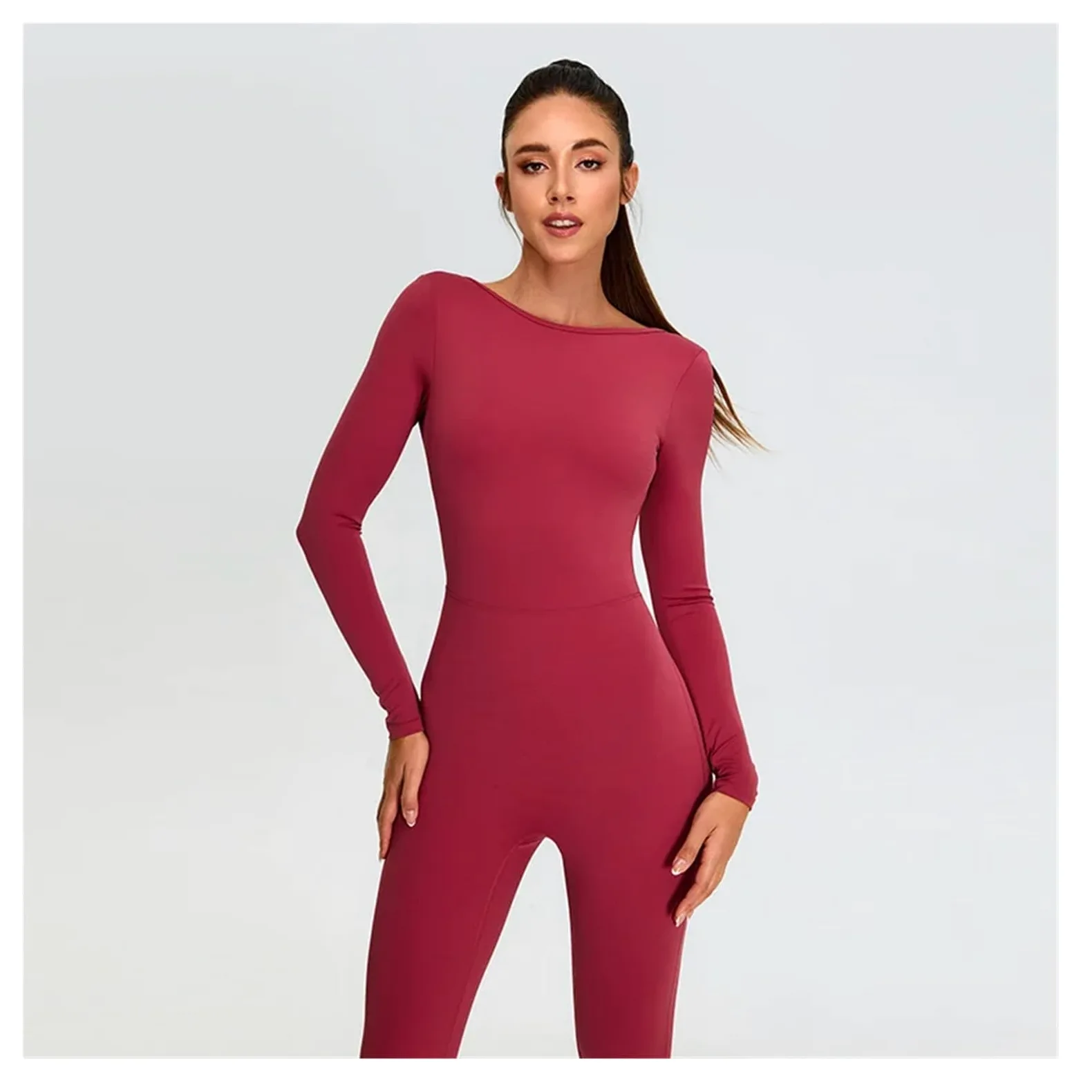 Mono de yoga sin espalda Mono de yoga una pieza con mangas largas y forma U, leggings sexys espalda abierta, ropa entrenamiento for mujer, fitness Para Entrenamiento