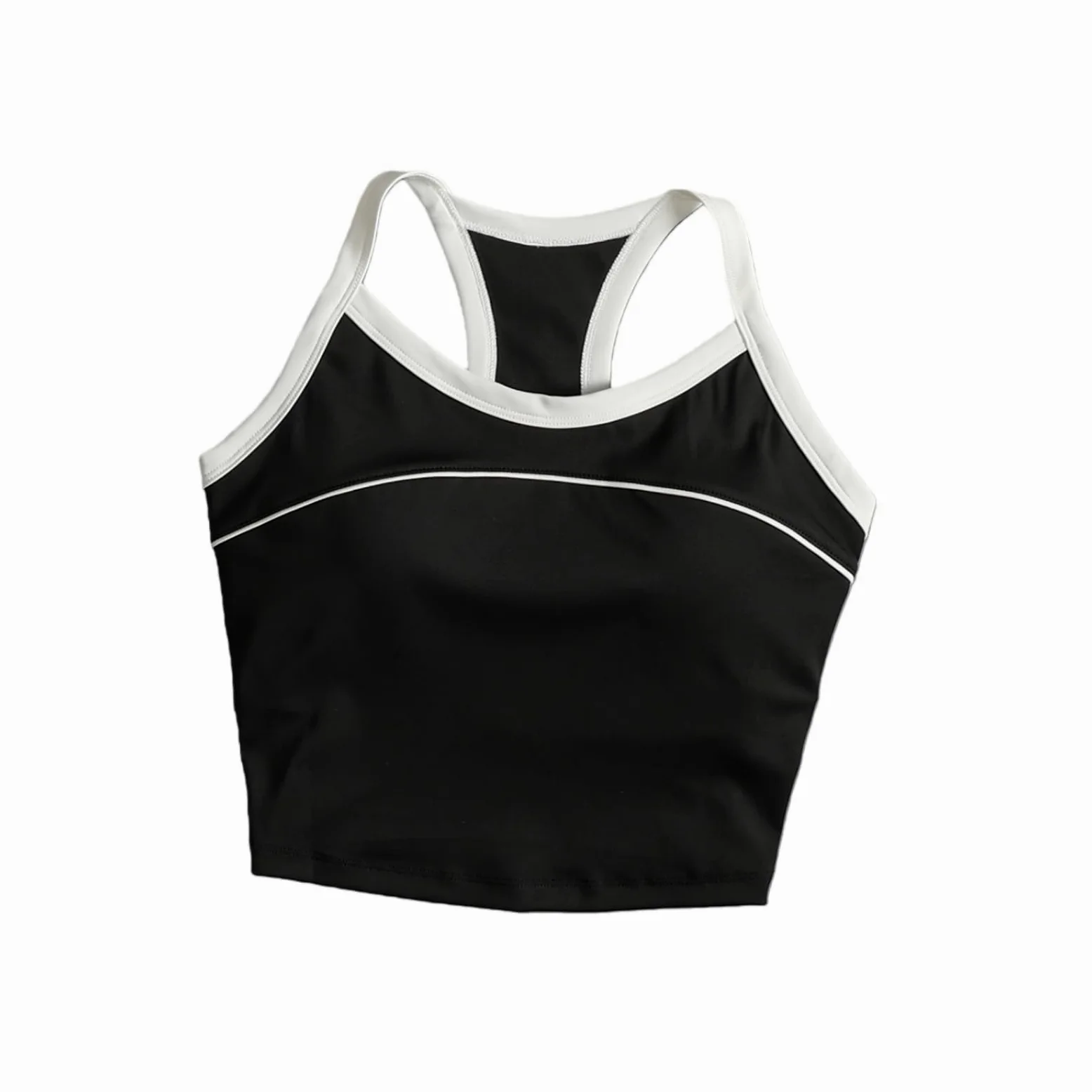 Sujetador Yoga Mujeres Contraste Tubulación Racerback Tank Top Fijo Acolchado Recortado Chaleco Deportivo Correr Gimnasio Entrenamiento-l-White
