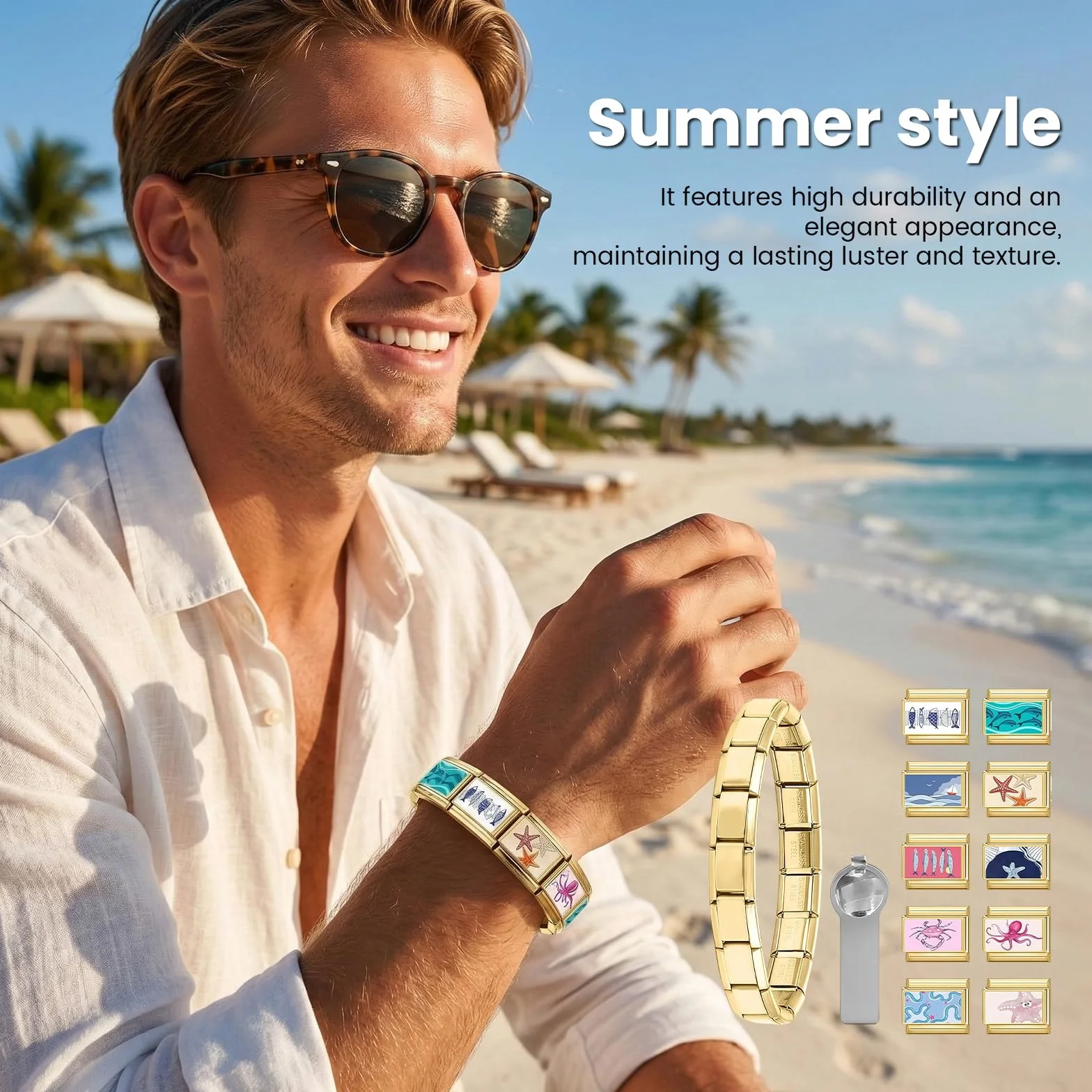 Pulsera Italiana de Encantos Conjunto de Brazalete Dorado con 1 Pulsera Inicial, 10 Encantos Italianos Temáticos del Océano con Herramienta de Apertura, 9 mm Encantos Italianos Modulares,