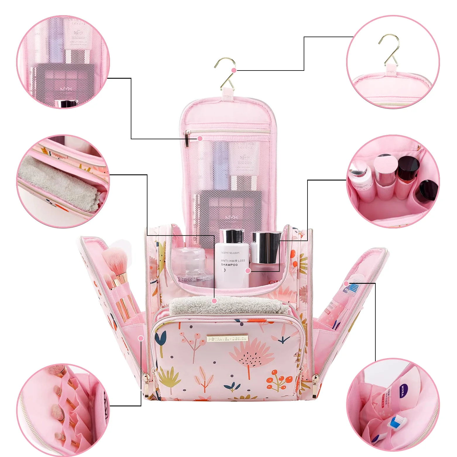 Bolsas de Aseo para Mujeres y Niñas, Lychii Neceser de Viaje con Colgar Gancho, Impermeable Organizador de Cosméticos - Floral