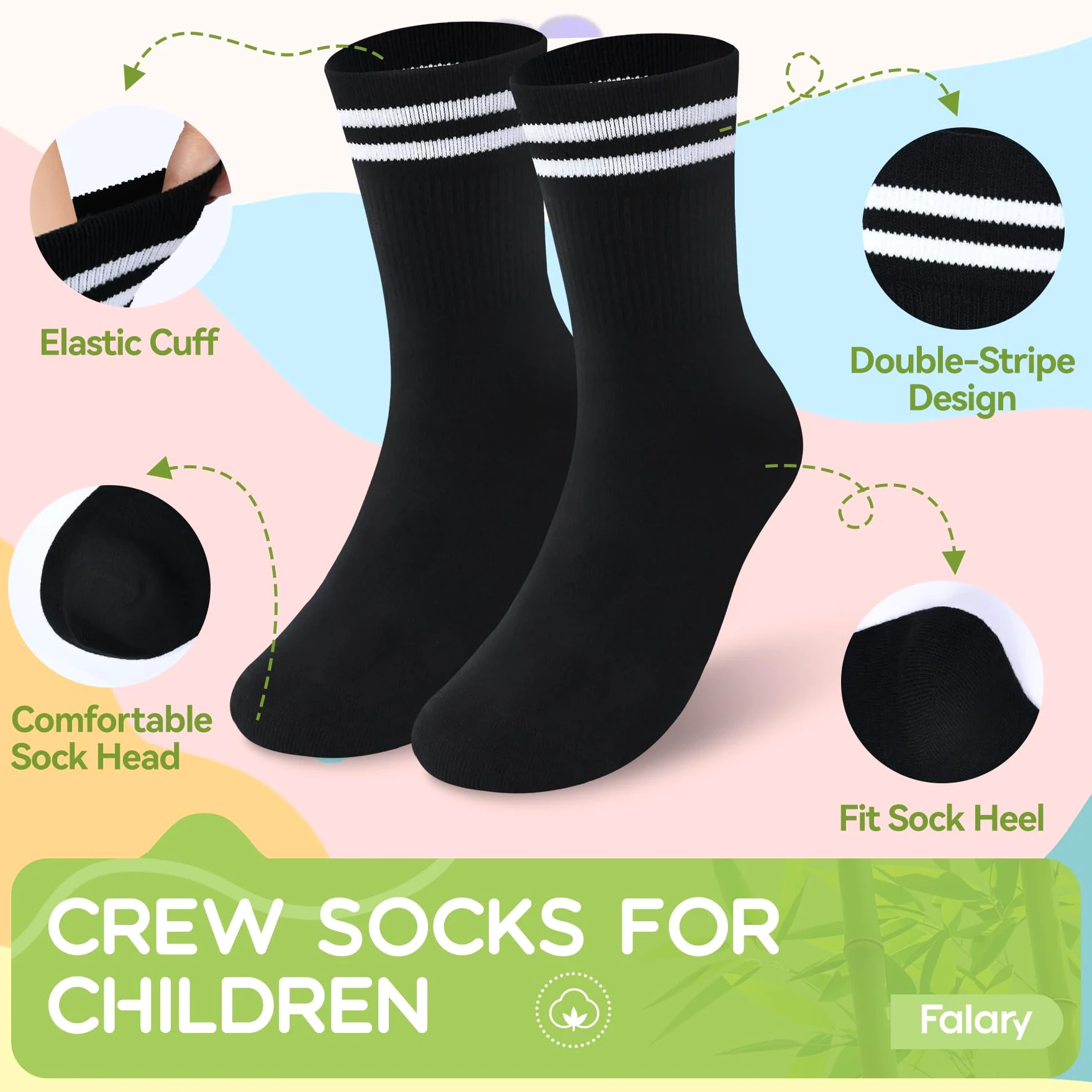 FALARY Bambú Calcetines Niño Niña Calcetines Deporte Tenis Correr 6 Pares | Negros Blancos Gris, Transpirable, Antimicrobiano, Sin Olores, Absorbe la Humedad, Cómodo, para Baloncesto Ciclismo Cotidiana
