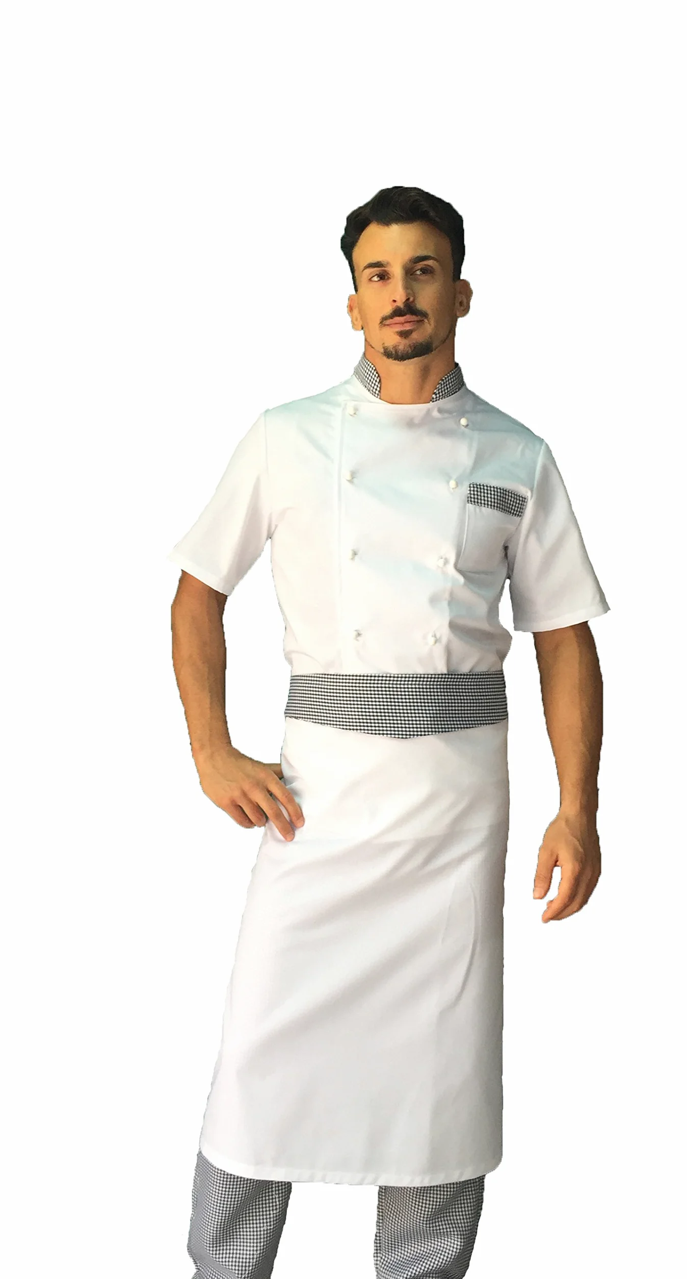Bordado gratuito – Conjunto de cocina – Uniforme de cocinero Pied de Poule – Chaqueta de manga corta, pantalón y delantal – Fabricado en Italia