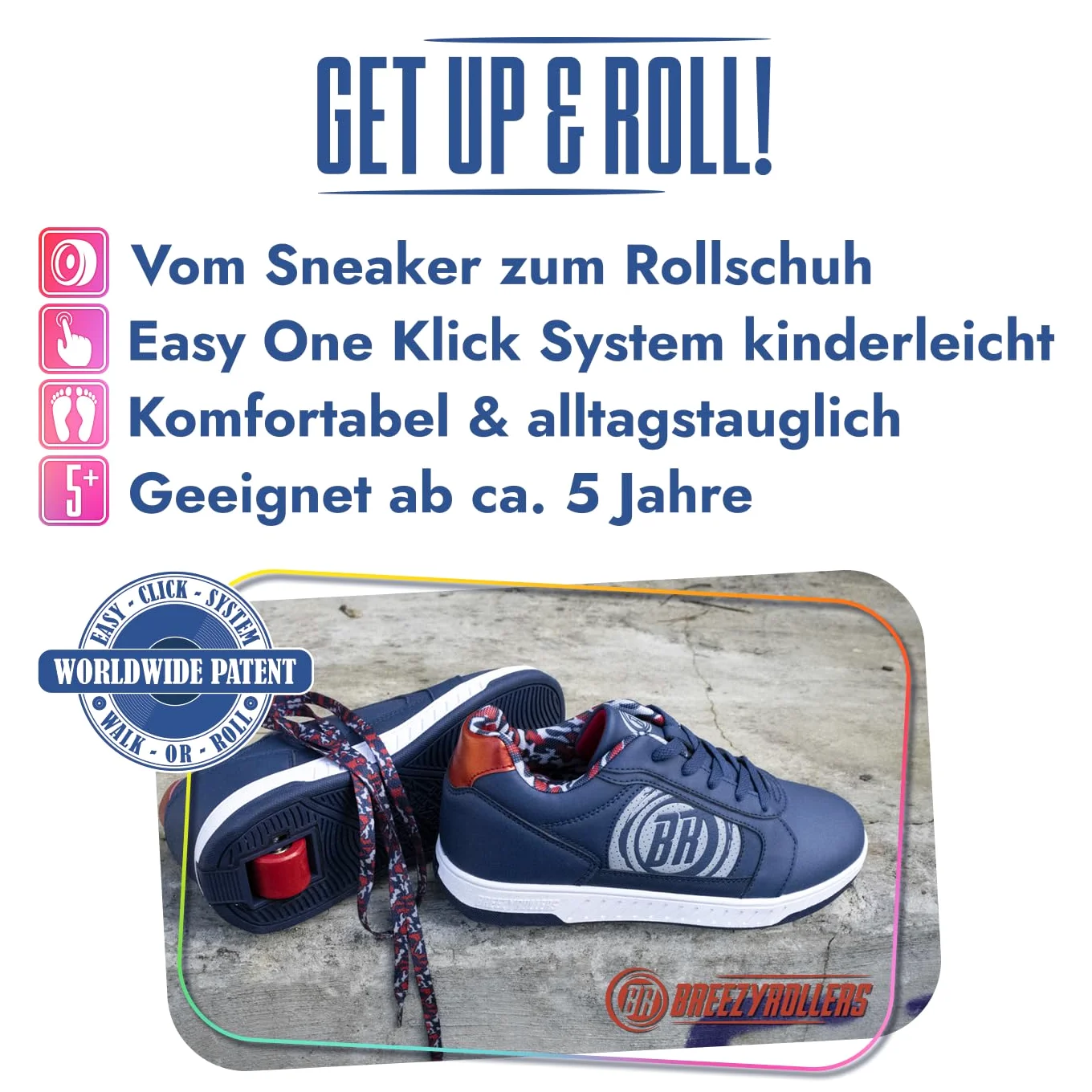 BREEZY ROLLERS Zapatos con ruedas para niños I Zapatos con ruedas para niños I De zapatos de calle para niños a patines en pocos segundos I Sistema de clic patentado I Zapatos con ruedas para niñas y