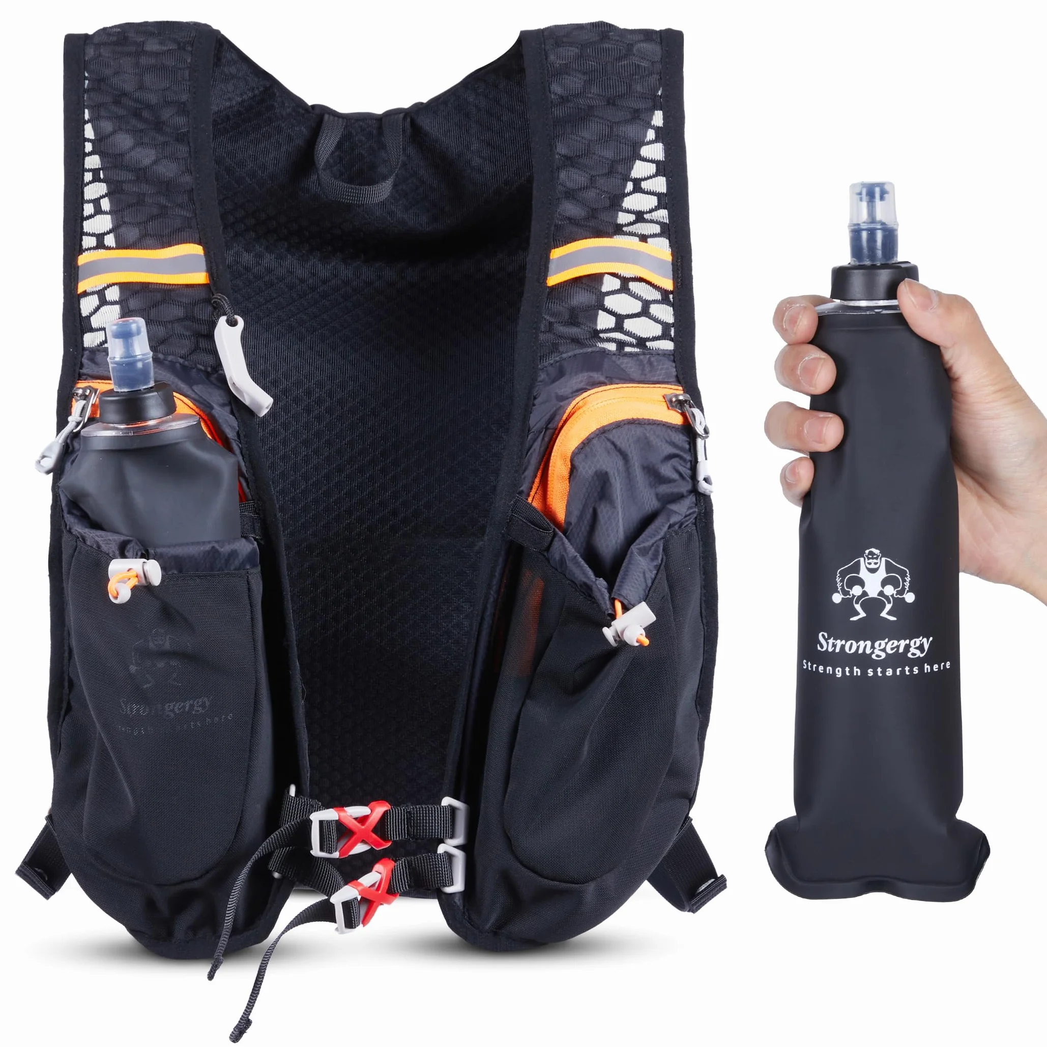 Chaleco Running Hombre y Mujer, Chaleco Hidratación Trail Running 40x22cm, Dos Bolsillos Exteriores, Dos Compartimentos, Botella de 0.5L y Silbato Incluido, Mochila Correr Hombre y Mujer
