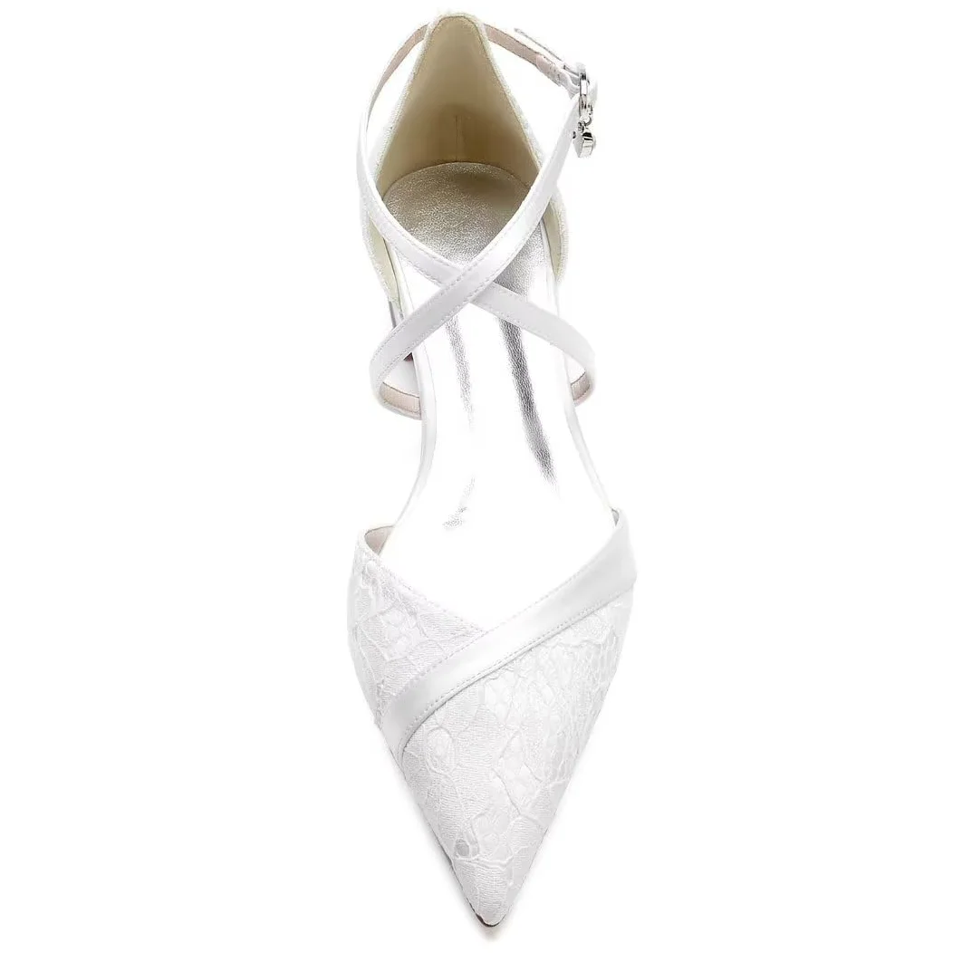 JOEupin Zapatos planos puntiagudos de boda para novia, tacones bajos, correa cruzada en el tobillo, zapatos planos de novia, zapatos de vestir de fiesta de noche, zapatos de tacón