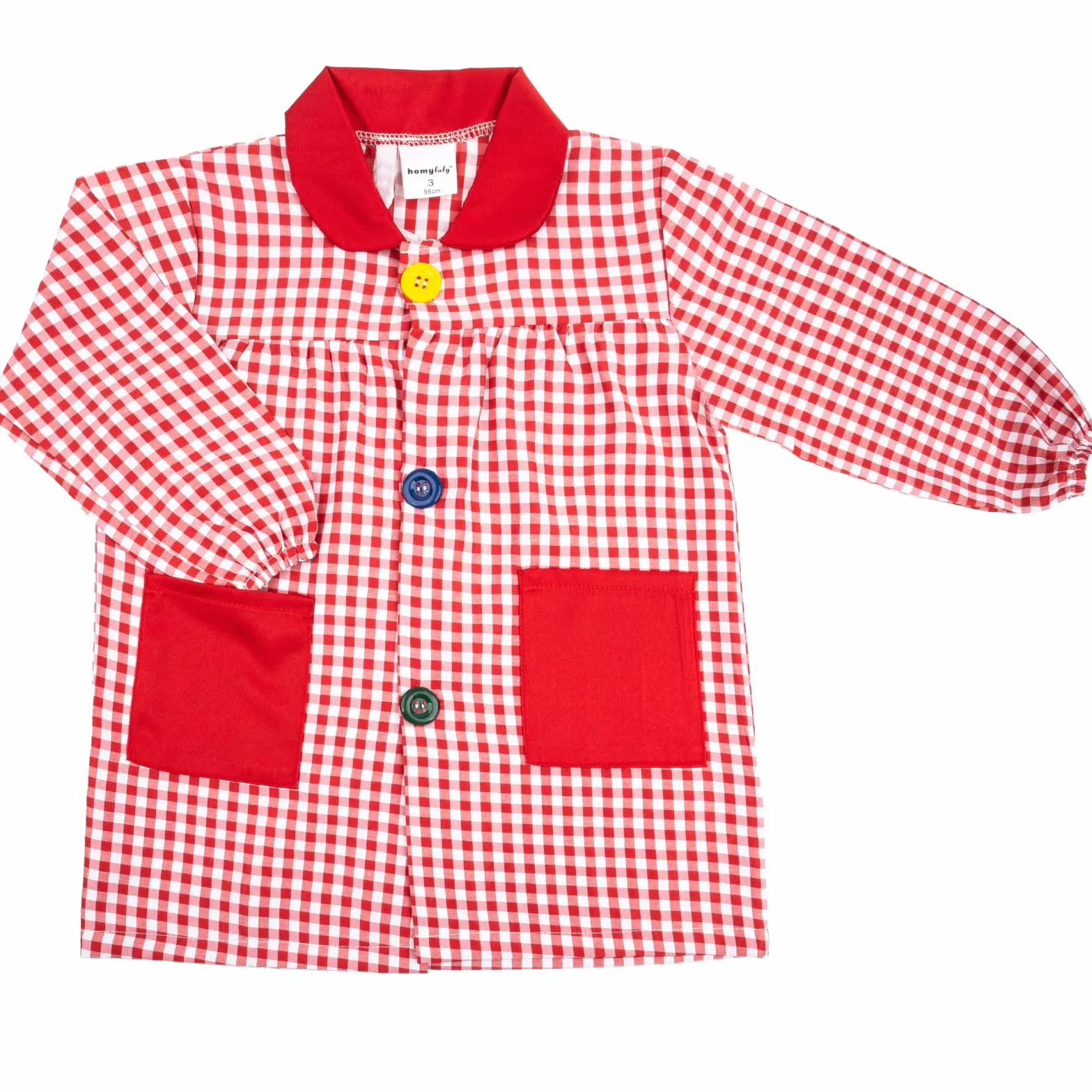 Bata escolar infantil HOMYBABY® con botones para guardería y colegio - Fácil de poner y quitar con bolsillos y puños cerrados (Rojo, Talla 1)