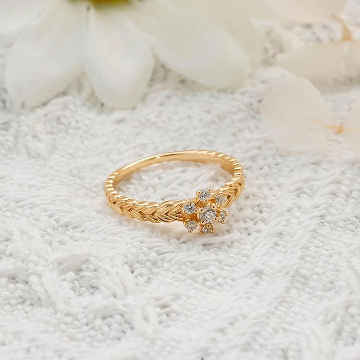 Alianzas de oro amarillo de 9 K/14 K/18 K con moissanita, dientes de trigo, flores, anillos de pareja