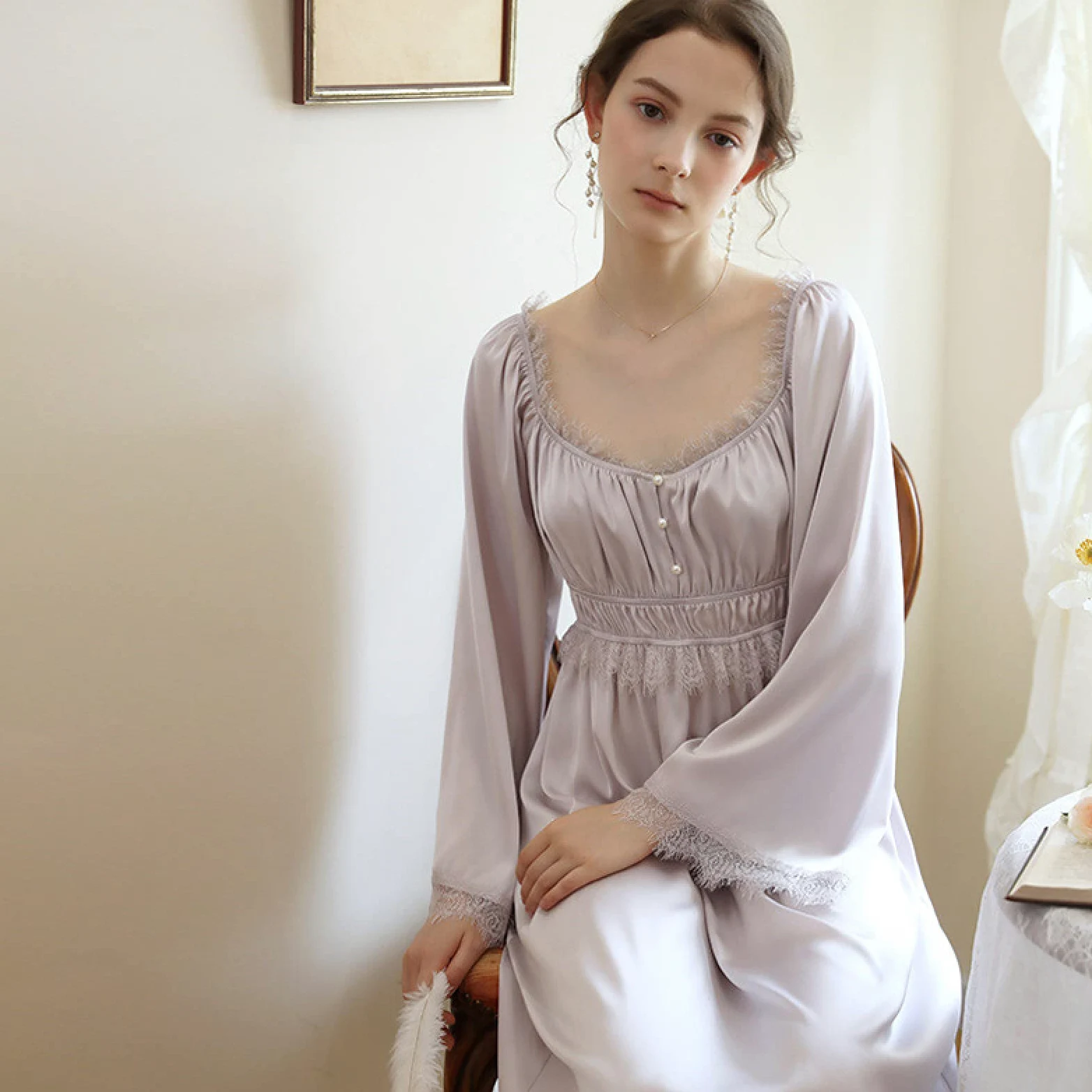 OFFSUM Camisón De Pijama De Mujer - Elegante Color Sólido Satén Sexy Encaje Cuello Cuadrado Camisón Estilo Palaciego Camisón Primavera Verano Cómodo Vestido De Dormir