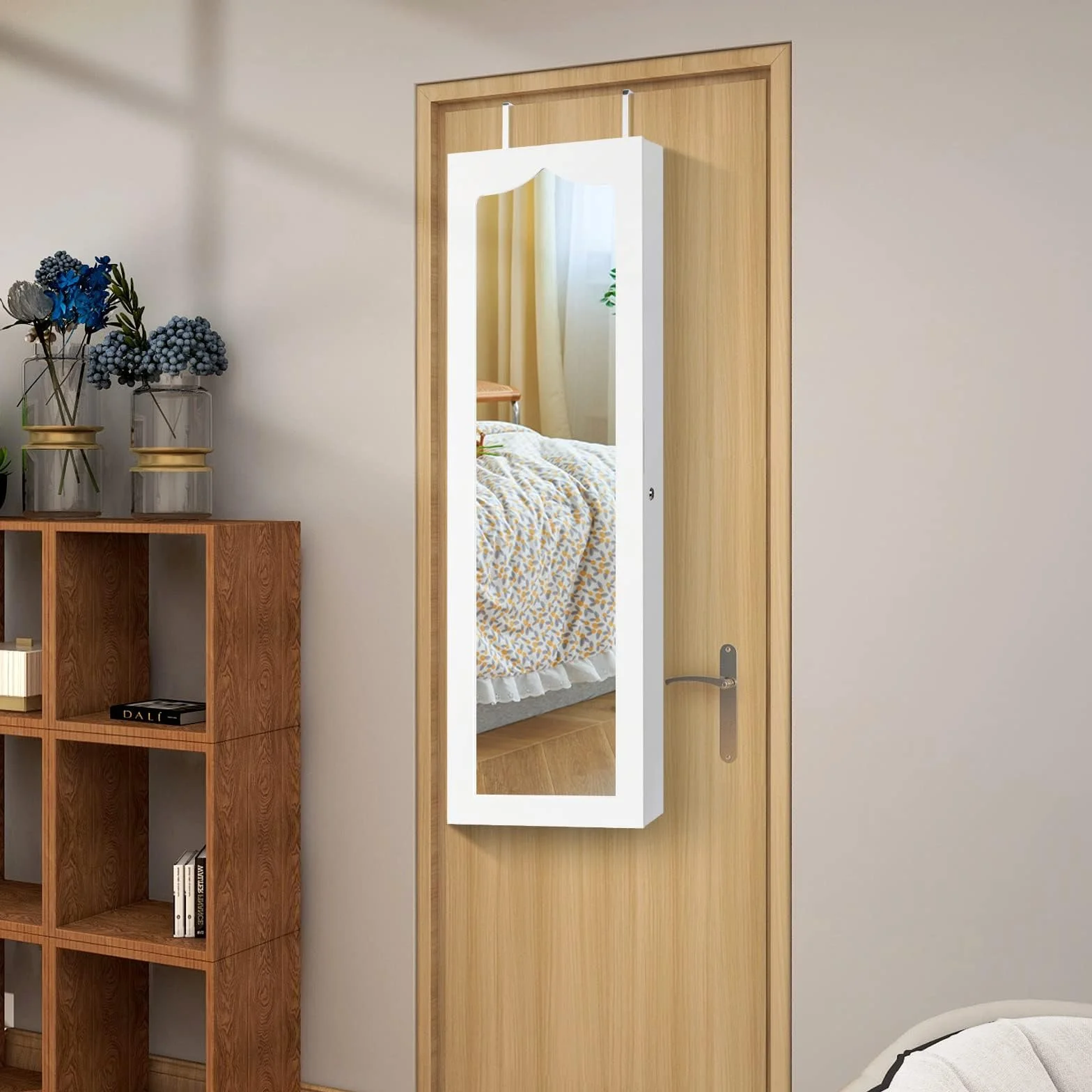 FANTASK Armario colgante para joyas con iluminación LED, espejo y 6 cajones, armario colgante para puerta y pared, armario para joyas y cosméticos, color blanco