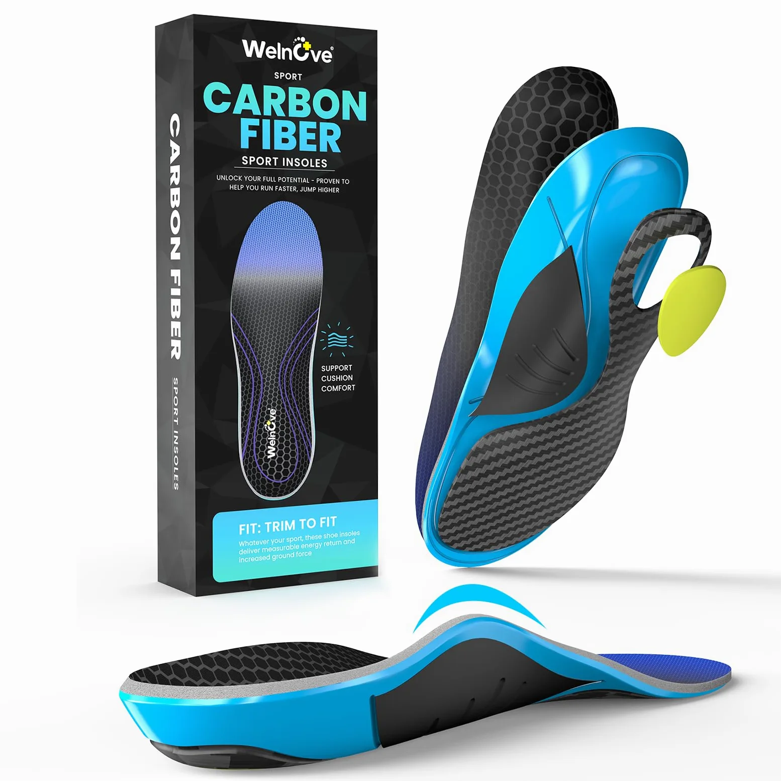 Plantillas de fibra de carbono con soporte para el arco - Welnove Plantillas de alto rendimiento amortiguadoras para deportes activos - Retorno de energía y protección contra lesiones-XXL 45-46