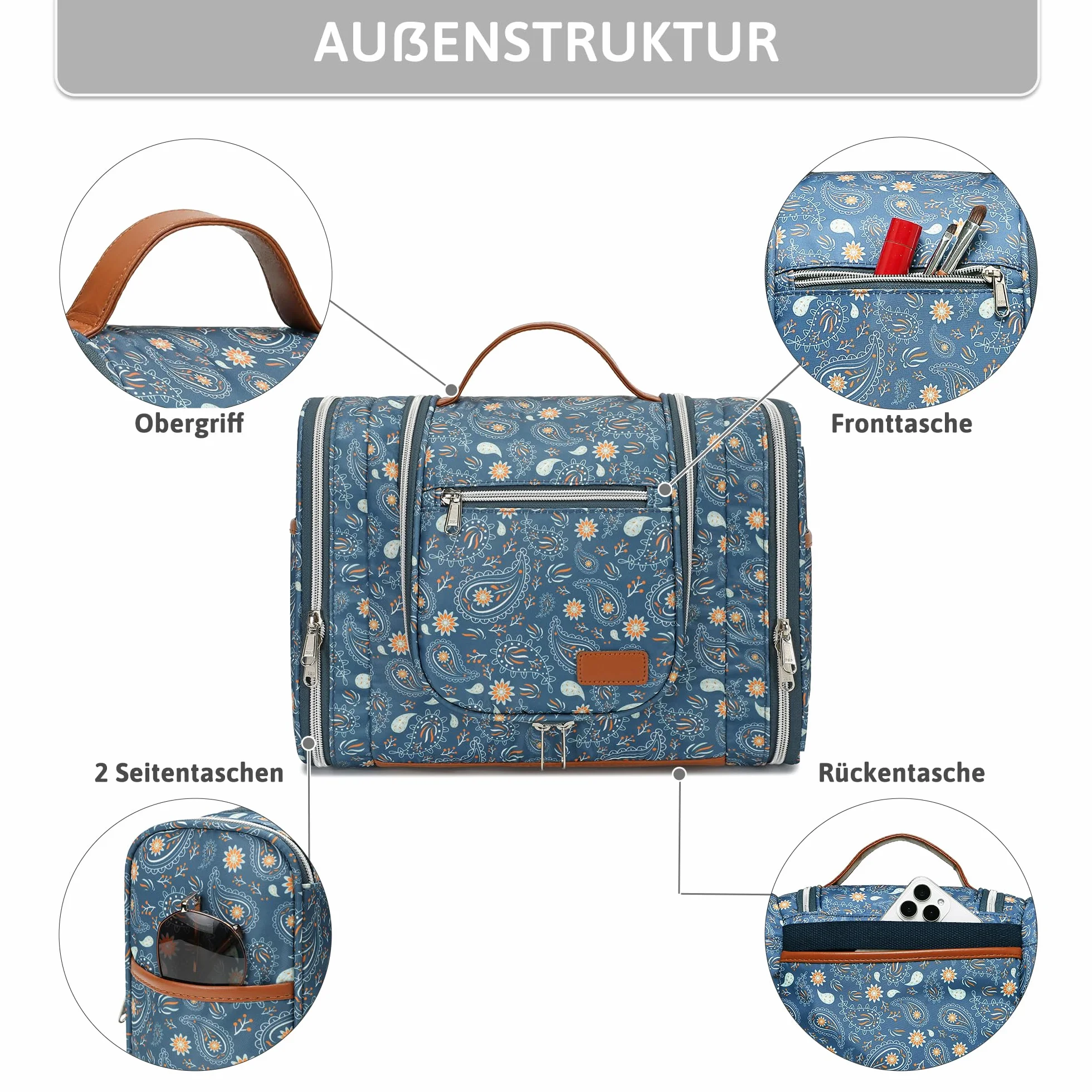 Pearl Angeli Neceser grande para mujer, neceser para colgar, A4-azul Paisley Flores, Neceser | Neceser de viaje grande bolsa de aseo organizador de maquillaje con gancho y asa, bolsa impermeable