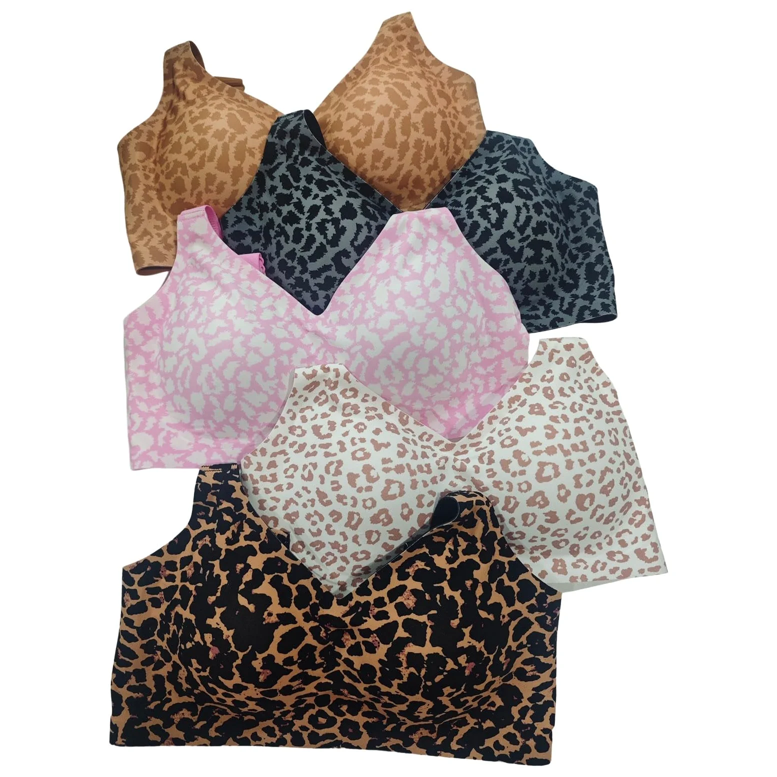 Leopard Print Super Shaping Jelly Bra Non-Wired Comfortable Adjustable Straps Deep V Neck Seamless Push Up, Pink, M