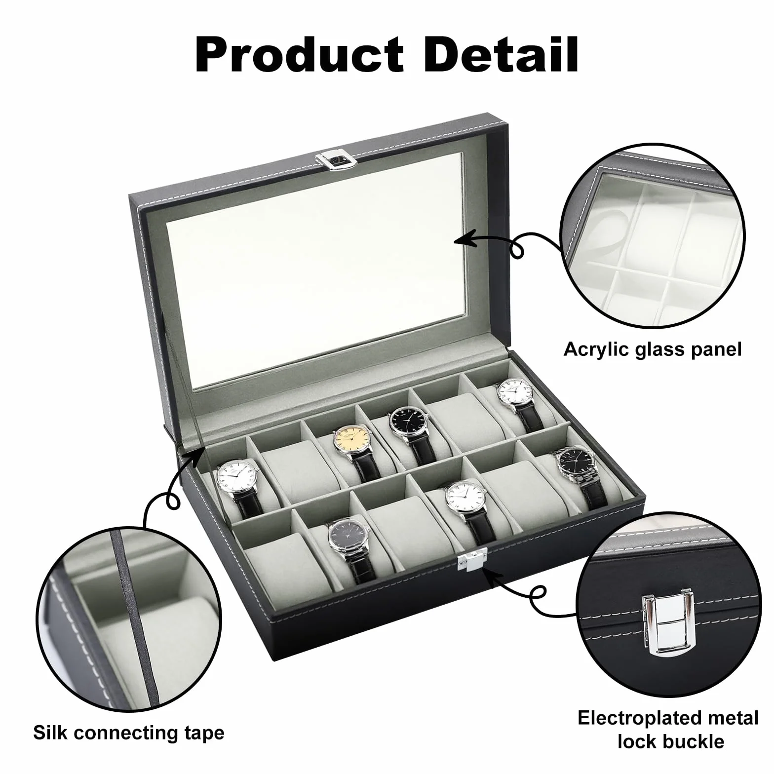 Caja de Relojes 12 Compartimentos Estuche de Relojes de PU con Cubierta de Cristal acrílico y almohadillas extraíbles unisex para regalo o almacenamiento personal