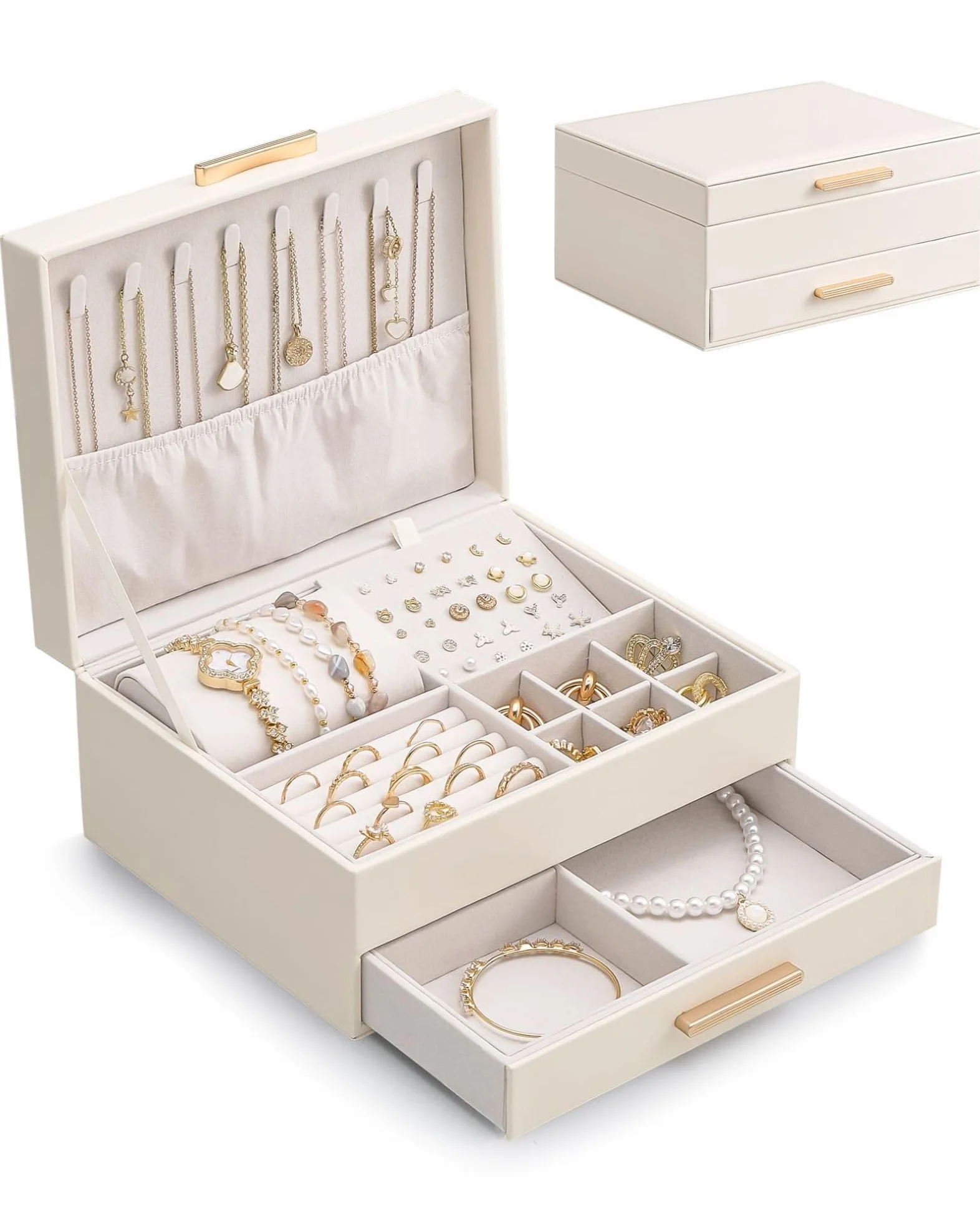 Lolalet Caja para Joyas de Doble Capa, Estuche Joyero Organizador para Collares Anillos Aretes Pulseras Relojes, Regalo para Mujer - Blanco