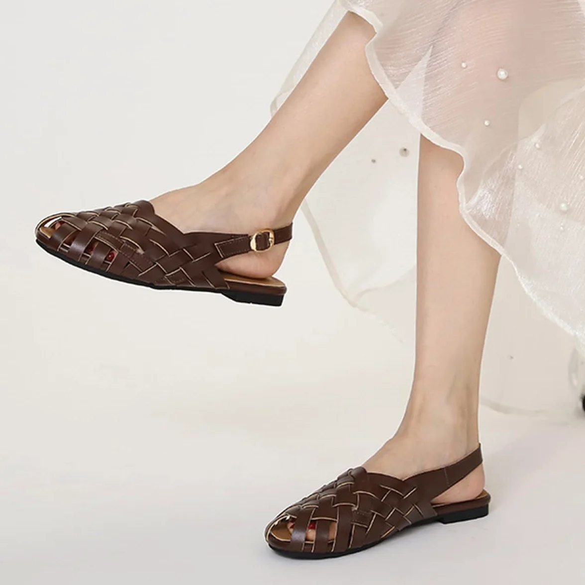Sandalias Romanas Mujer Construcción De Jaula Trenzada Vintage con Protección De Punta Cerrada Zapatos Planos De Tira Trasera Y Calzado De Verano Retro para Fin De Semana