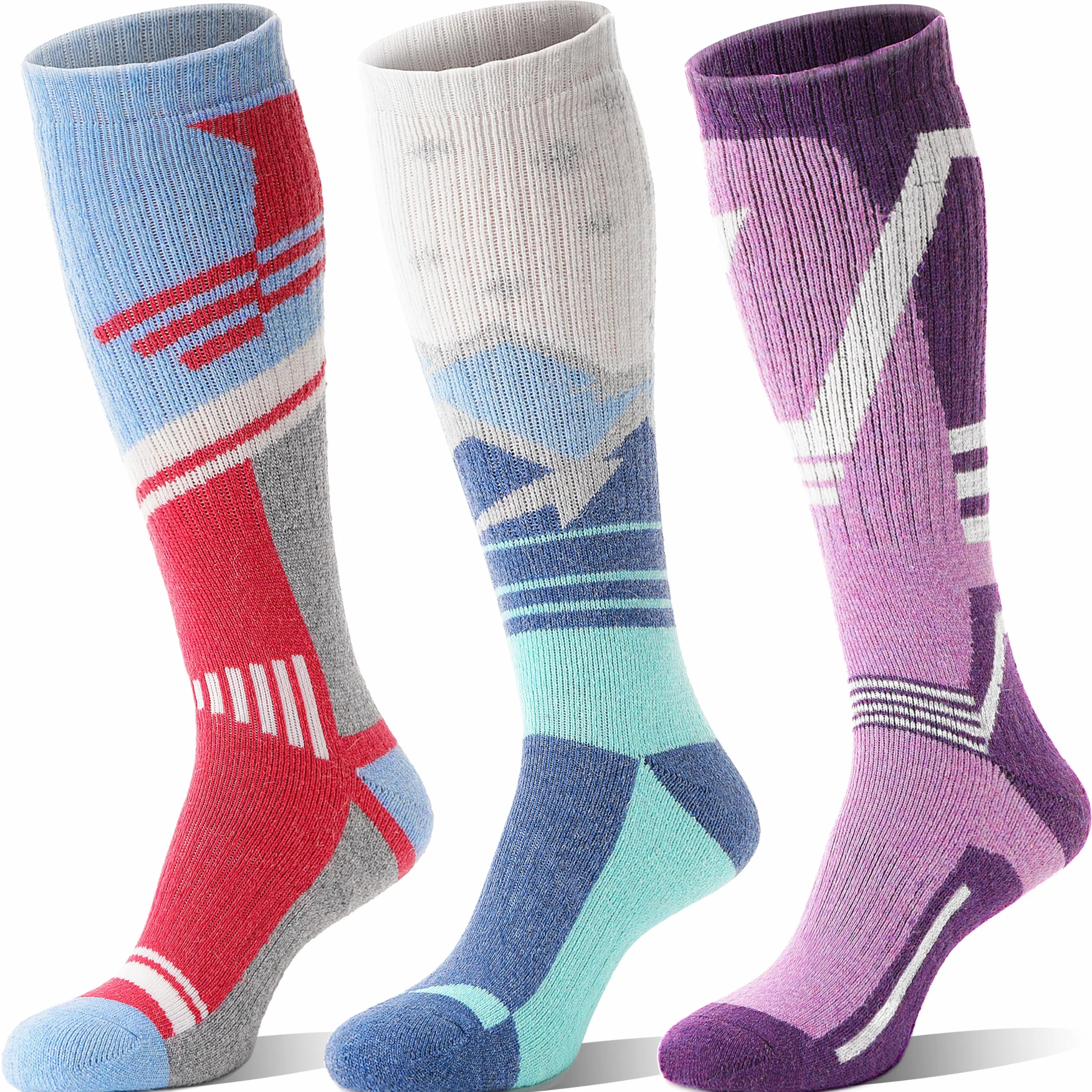 Sandsuced 3 pares Calcetines de esquí de lana merino de esquí de rodilla alta de invierno cálido térmico para mujeres hombres