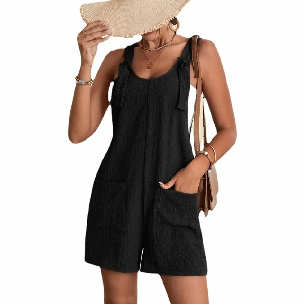 Mono Mujer Verano Sin Mangas Color Sólido Jumpsuit Negro Playsuit Holgado