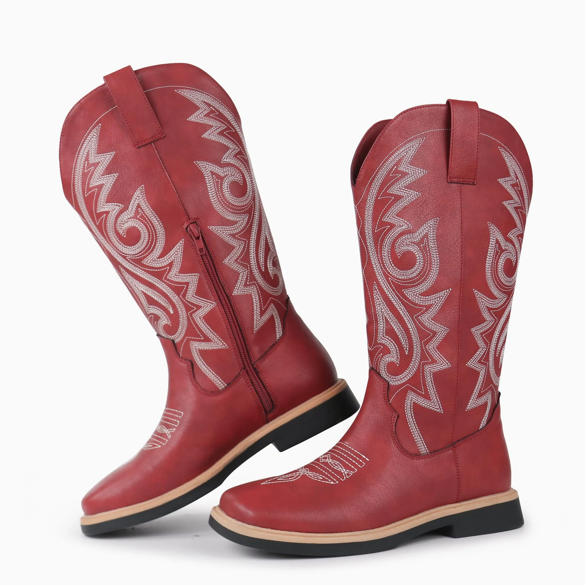 Hawkwell Botines de vaquero para mujer, con puntera cuadrada, cremallera lateral, bordadas, tacón bajo, botas de estilo occidental de media pantorrilla